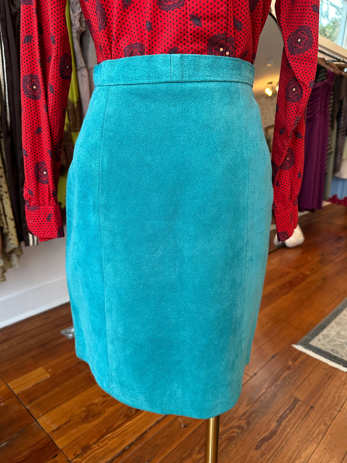 Vtg Teal Leather Skirt USA - XS/S