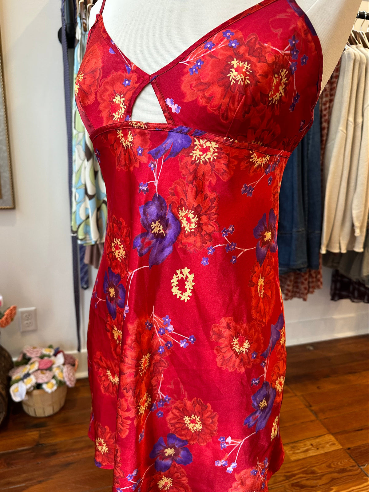 90's/Y2K Red Floral Slip Dress - SMALL