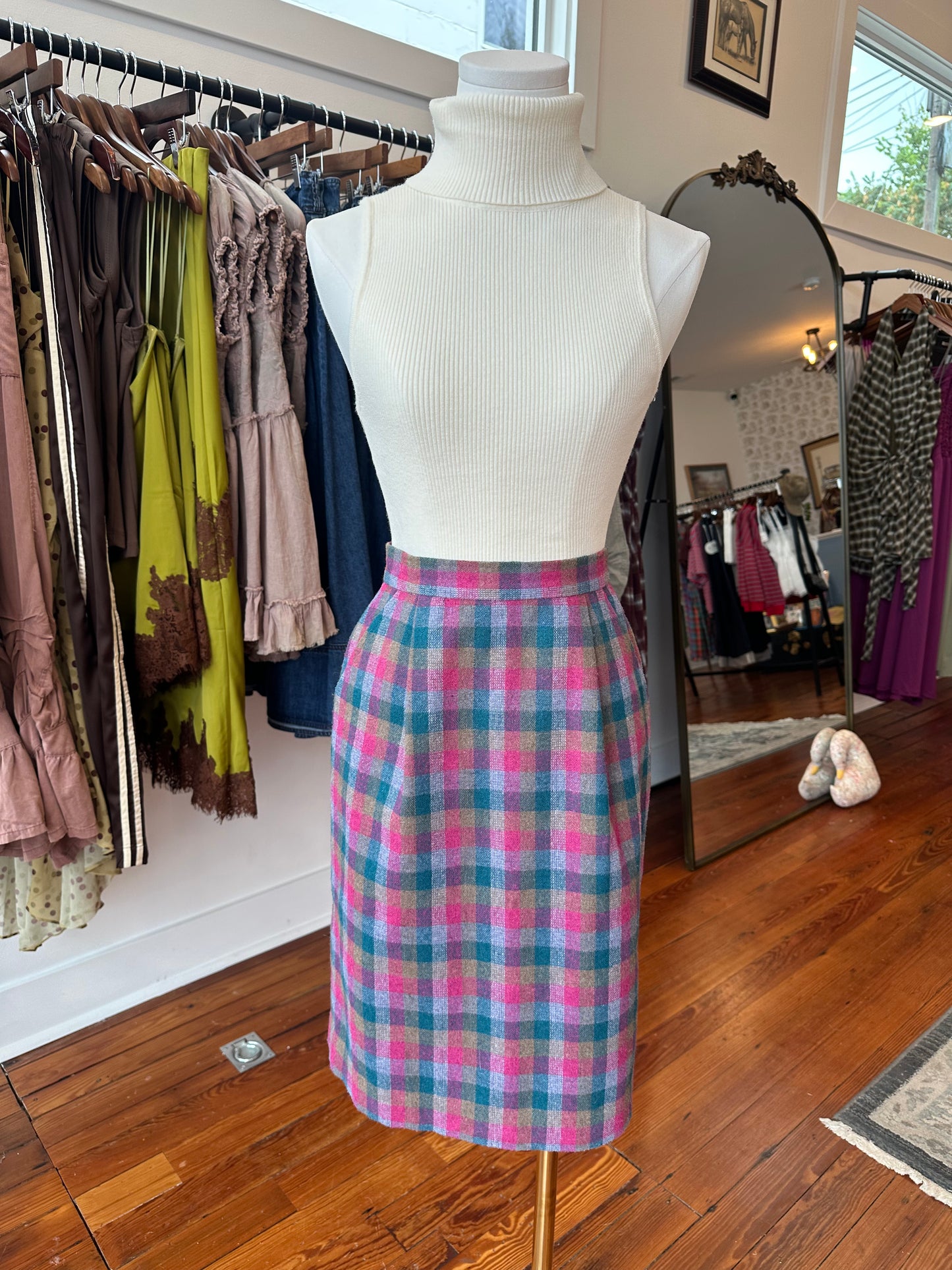 Vtg Handmade Wool Plaid Pencil Skirt - XS