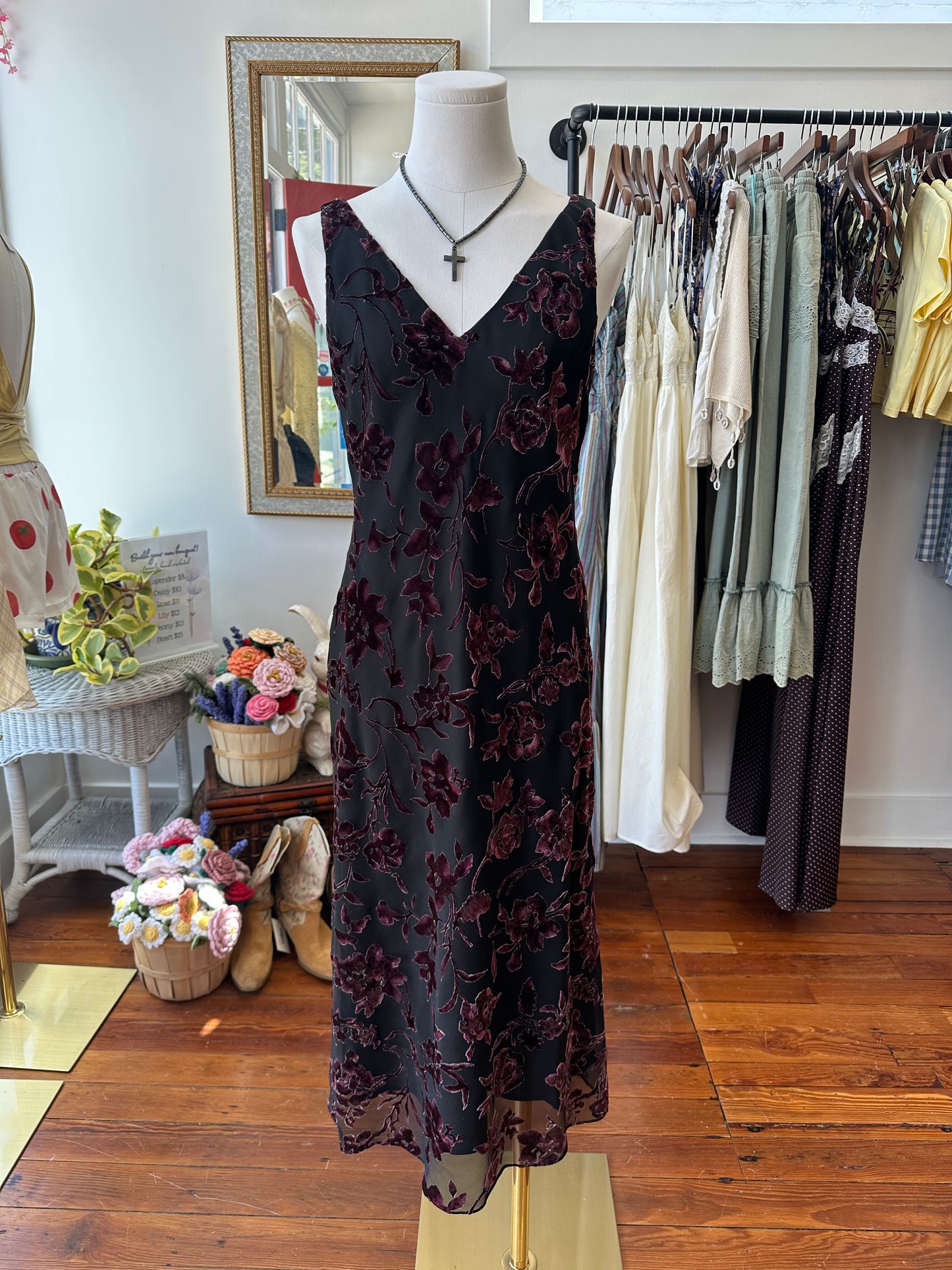 90's Burnout Velvet Midi Dress - Size 6