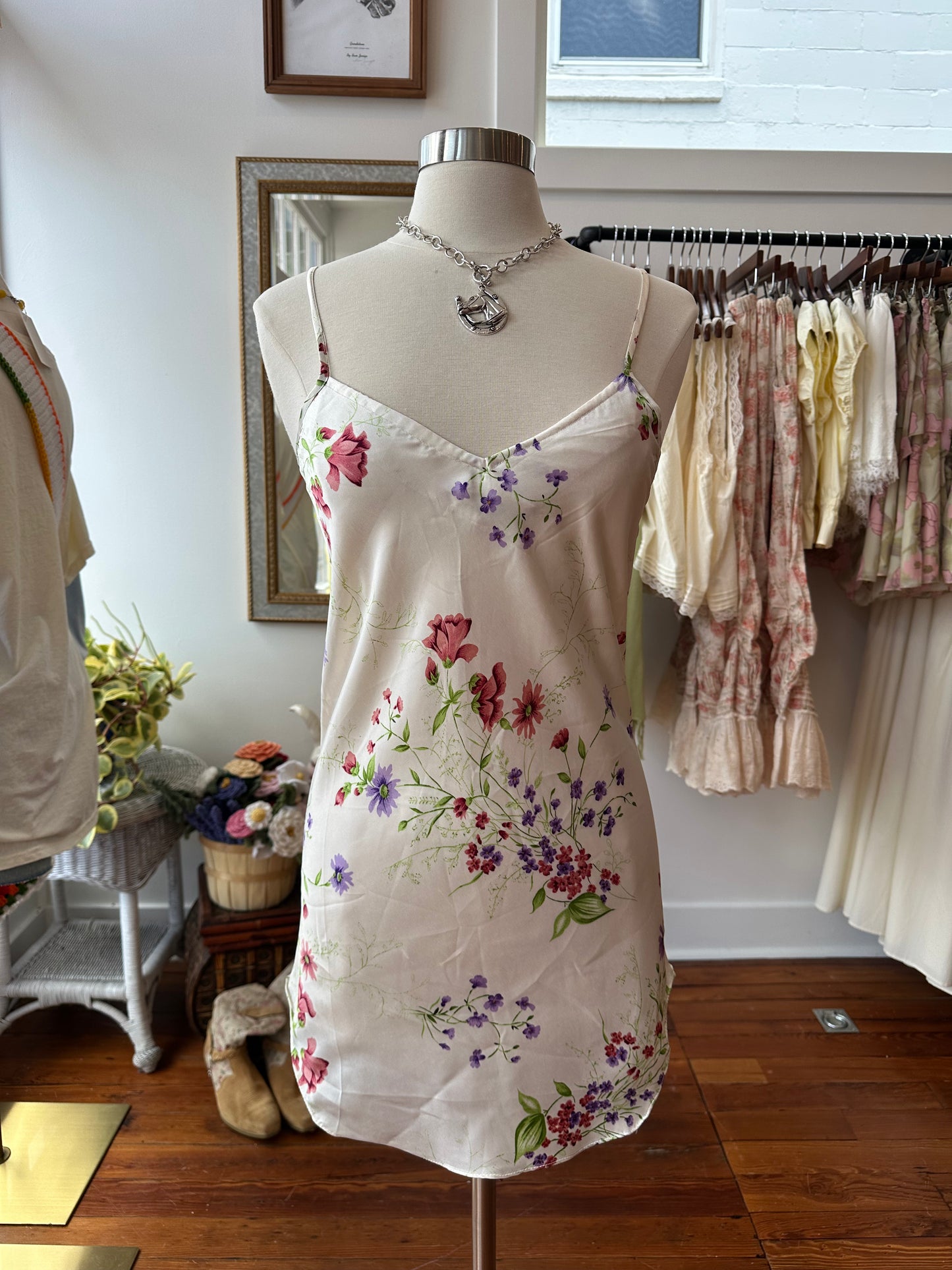 90's/Y2K White Floral Slip Dress - SMALL