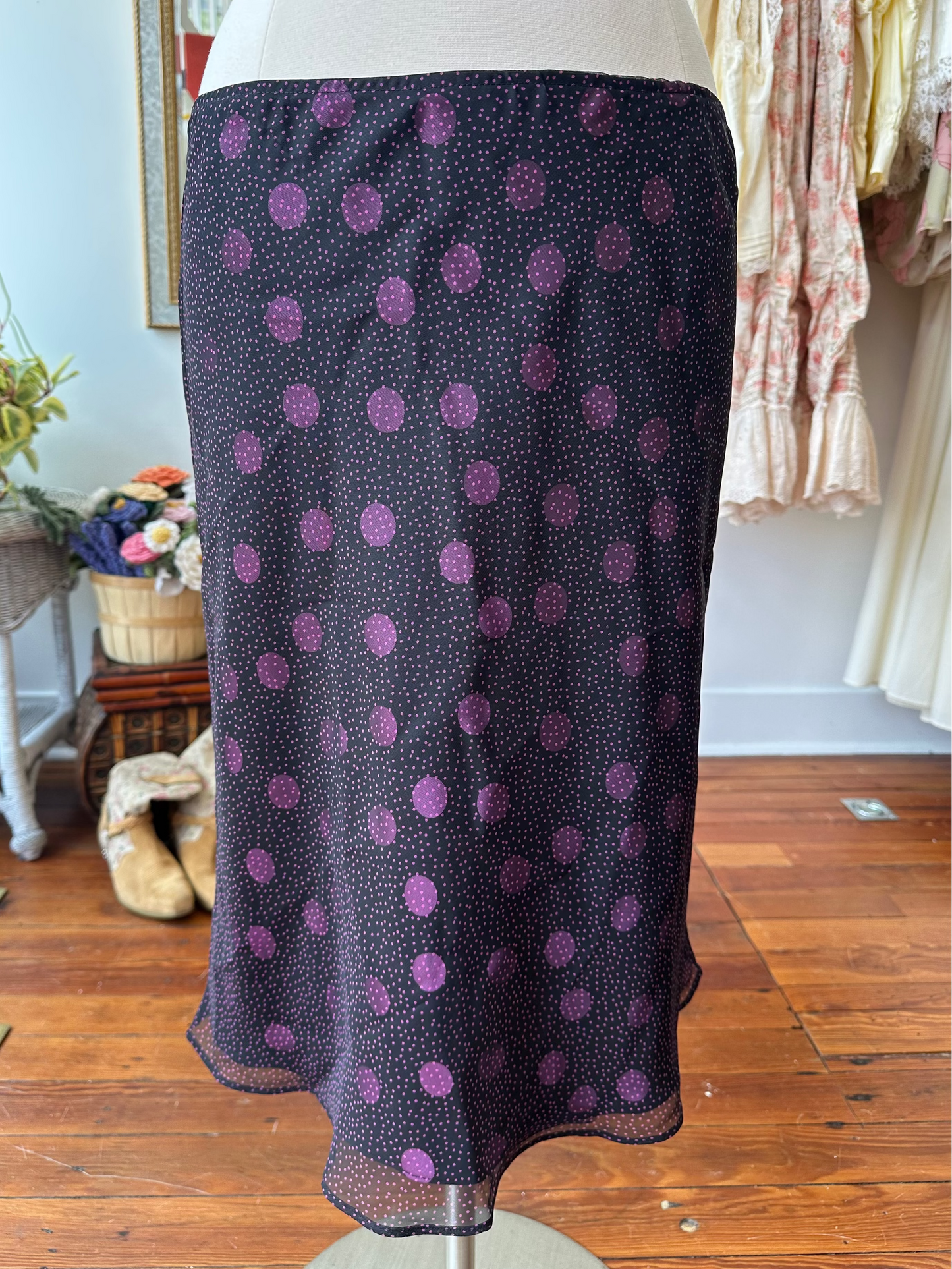 90's Purple Dot Midi Skirt - MEDIUM