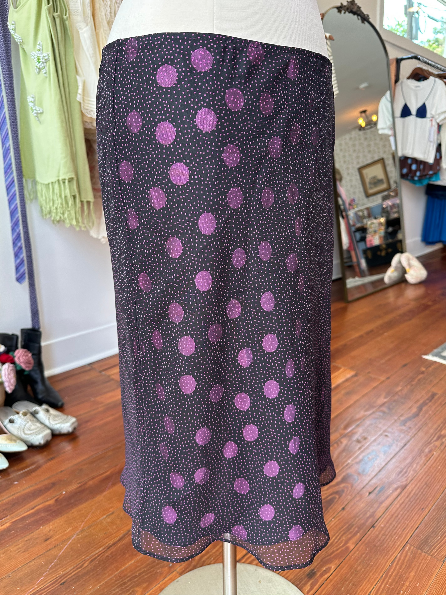 90's Purple Dot Midi Skirt - MEDIUM