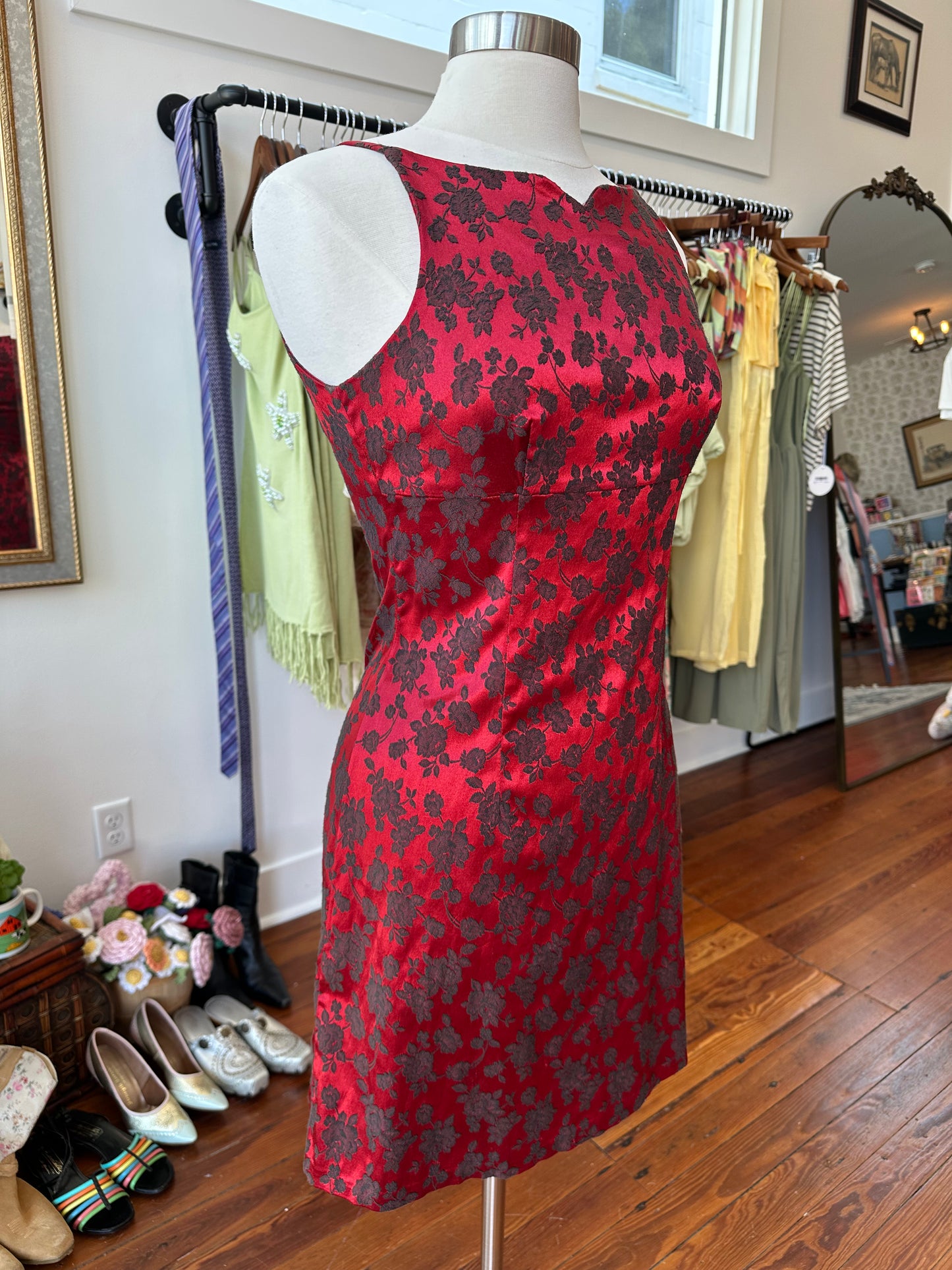 90's Red Floral Dress USA - 11/12