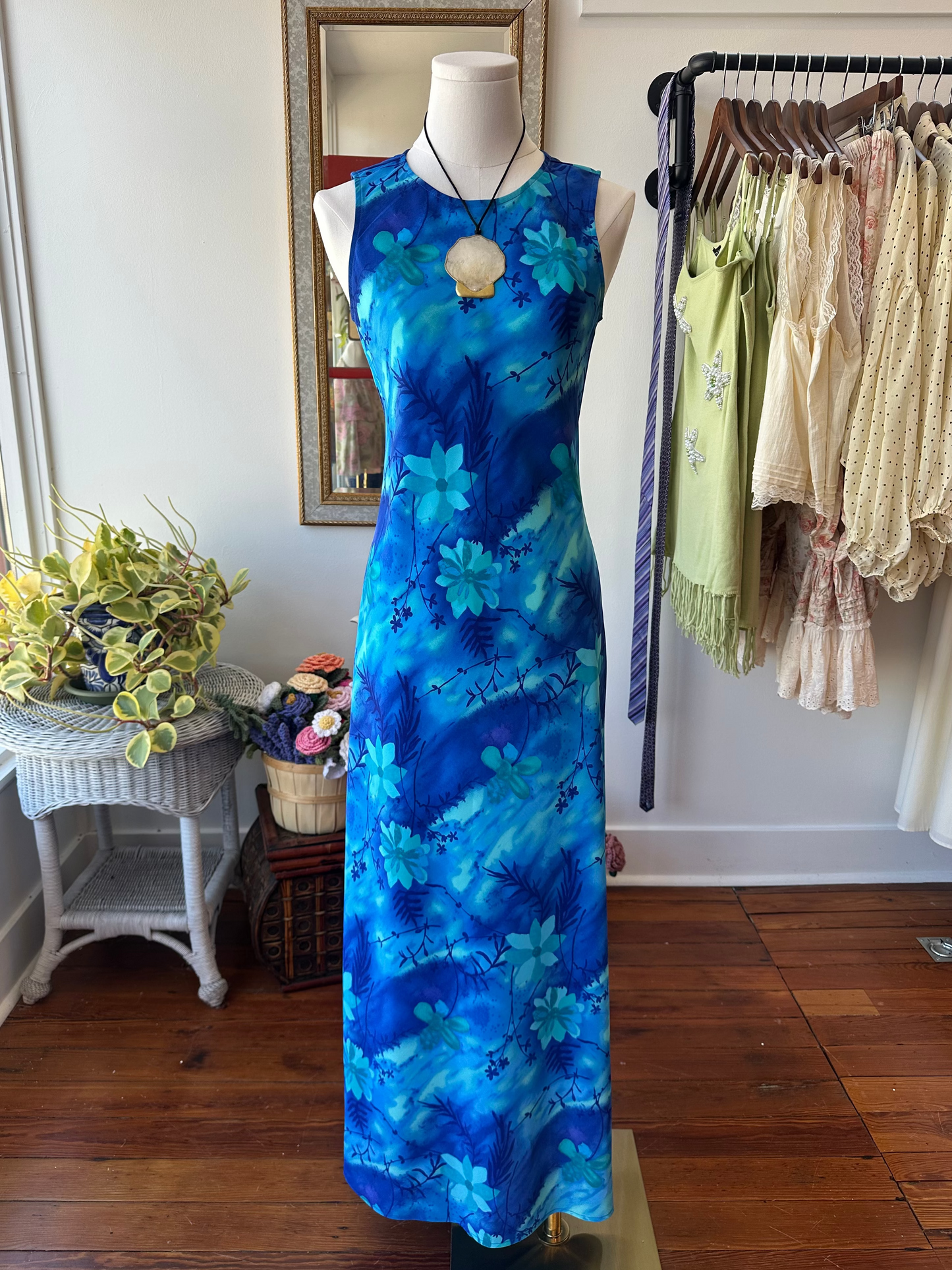 90's Blue Tropical Maxi Dress- 5/6