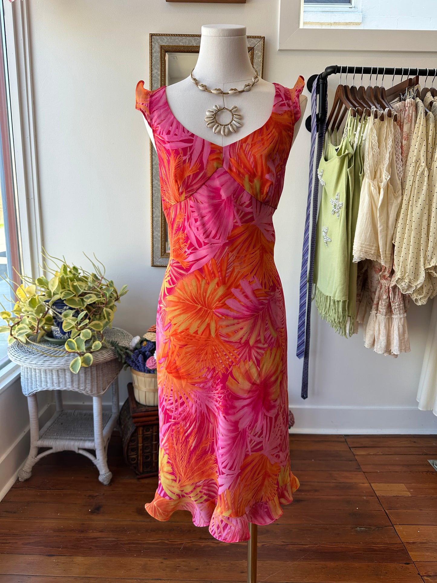 90's Pink Tropical Midi Dress - 9/10
