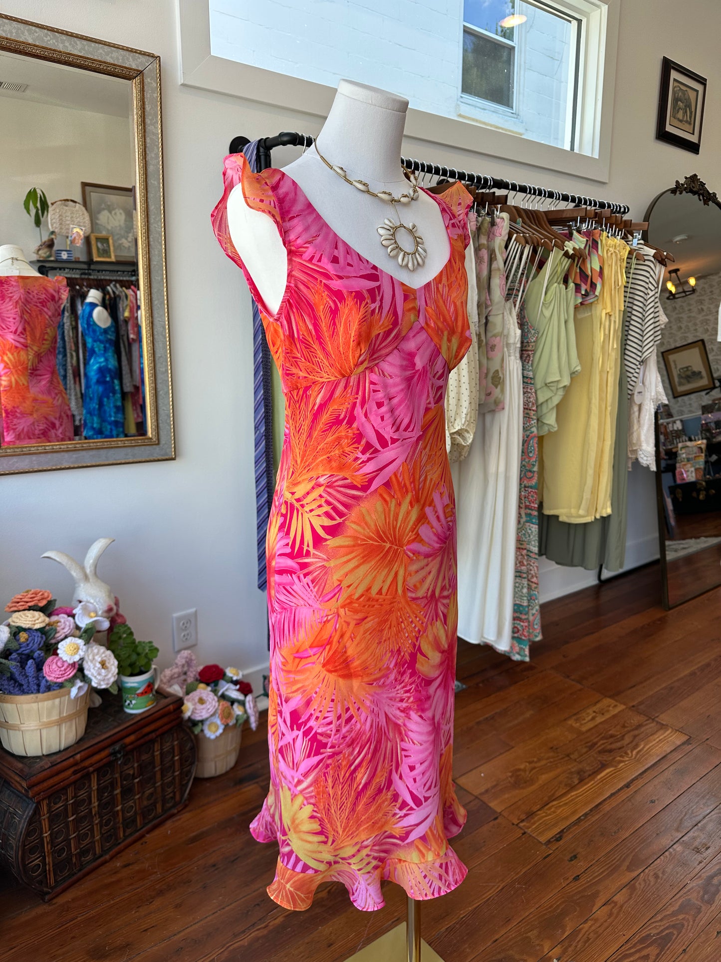 90's Pink Tropical Midi Dress - 9/10