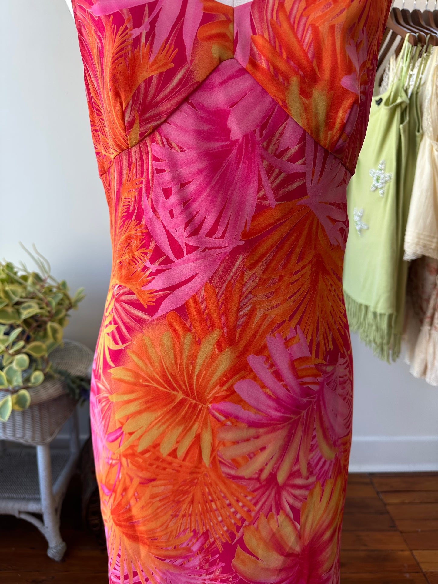 90's Pink Tropical Midi Dress - 9/10