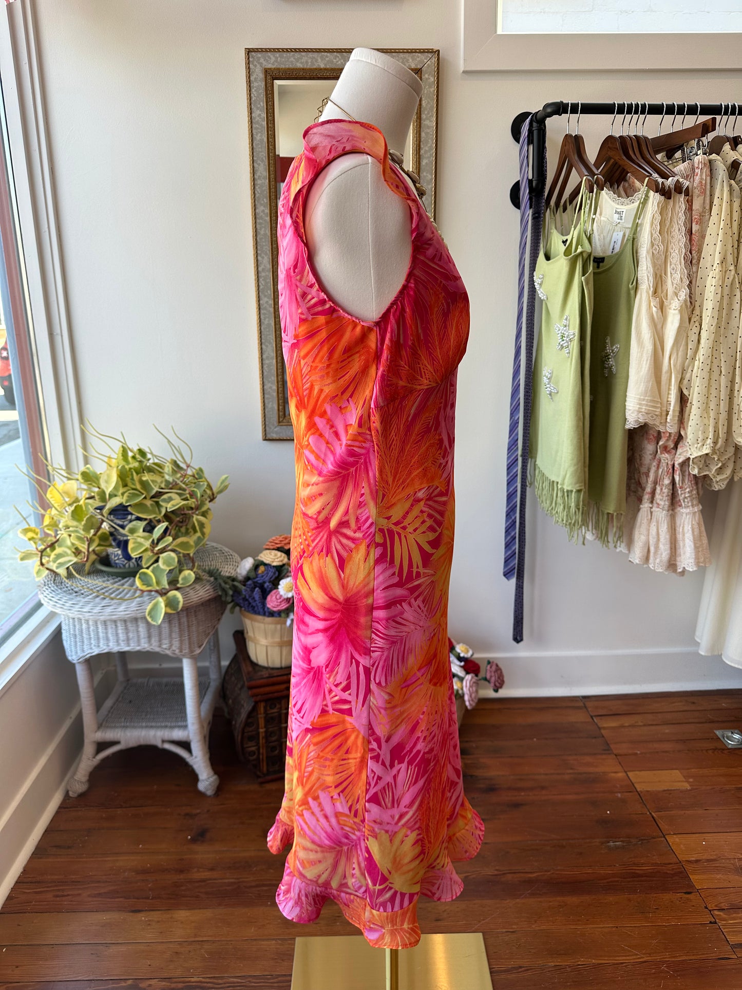 90's Pink Tropical Midi Dress - 9/10