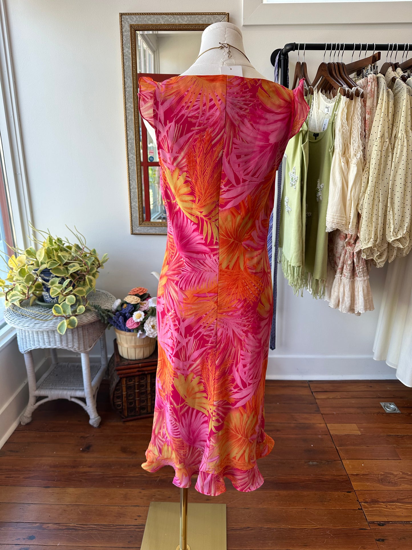 90's Pink Tropical Midi Dress - 9/10