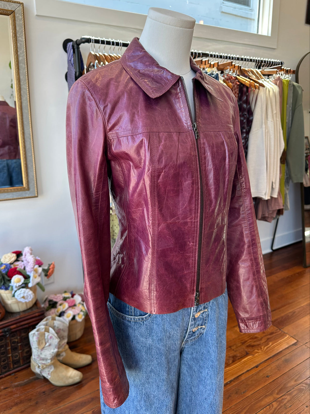Y2K Plum Leather Moto Jacket - XS
