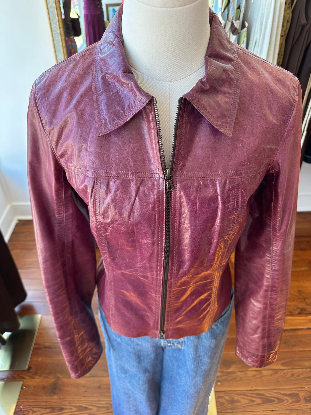 Y2K Plum Leather Moto Jacket - XS