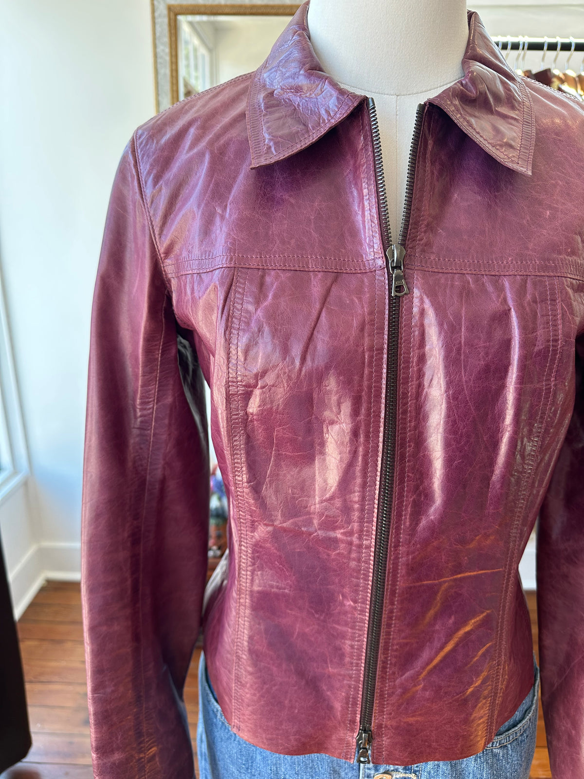 Y2K Plum Leather Moto Jacket - XS