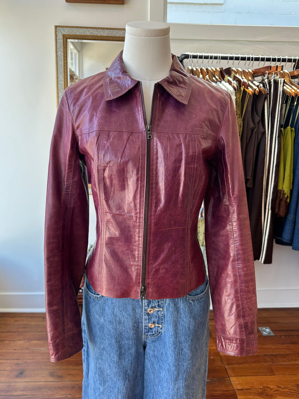 Y2K Plum Leather Moto Jacket - XS