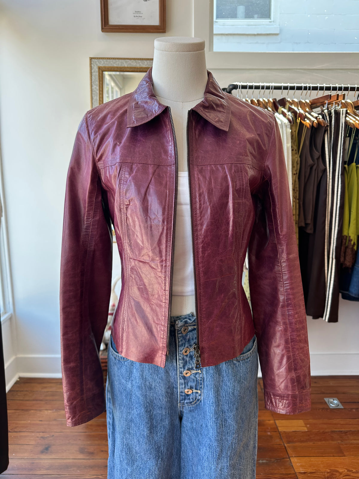 Y2K Plum Leather Moto Jacket - XS
