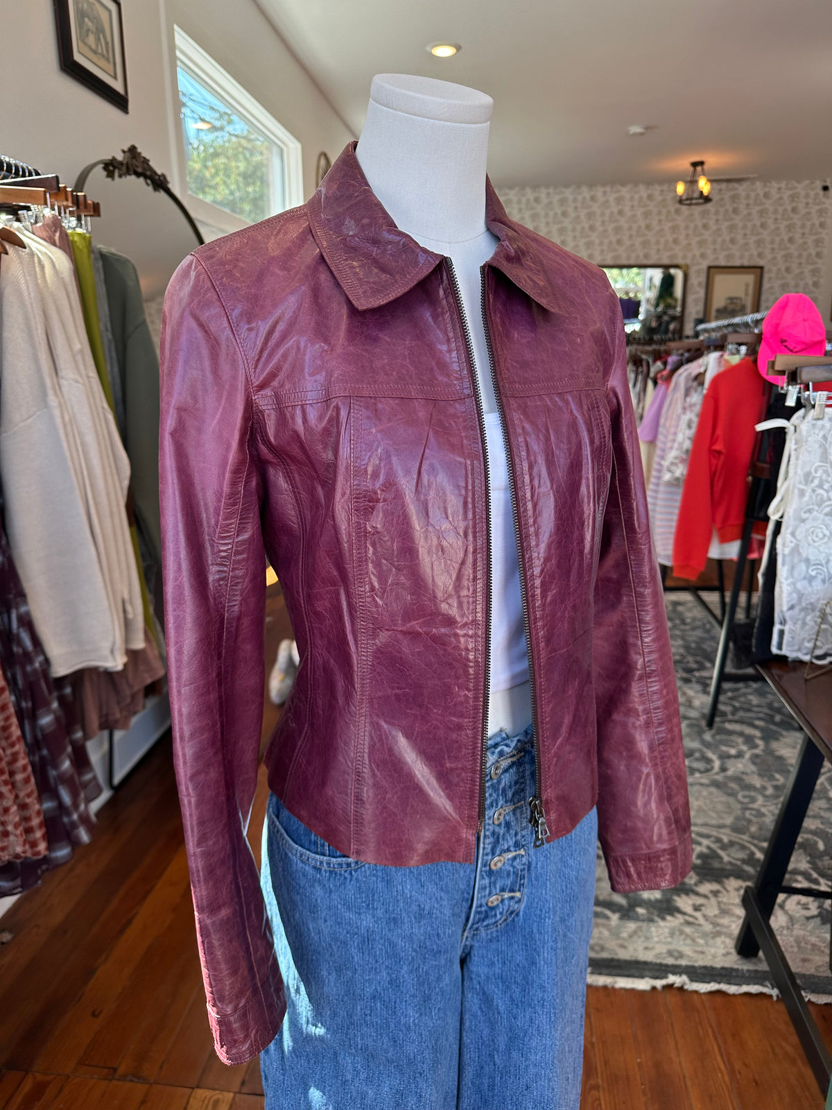 Y2K Plum Leather Moto Jacket - XS