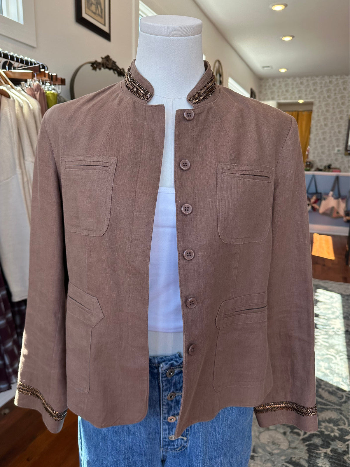 Y2K Jeweled Linen Military Jacket - 8