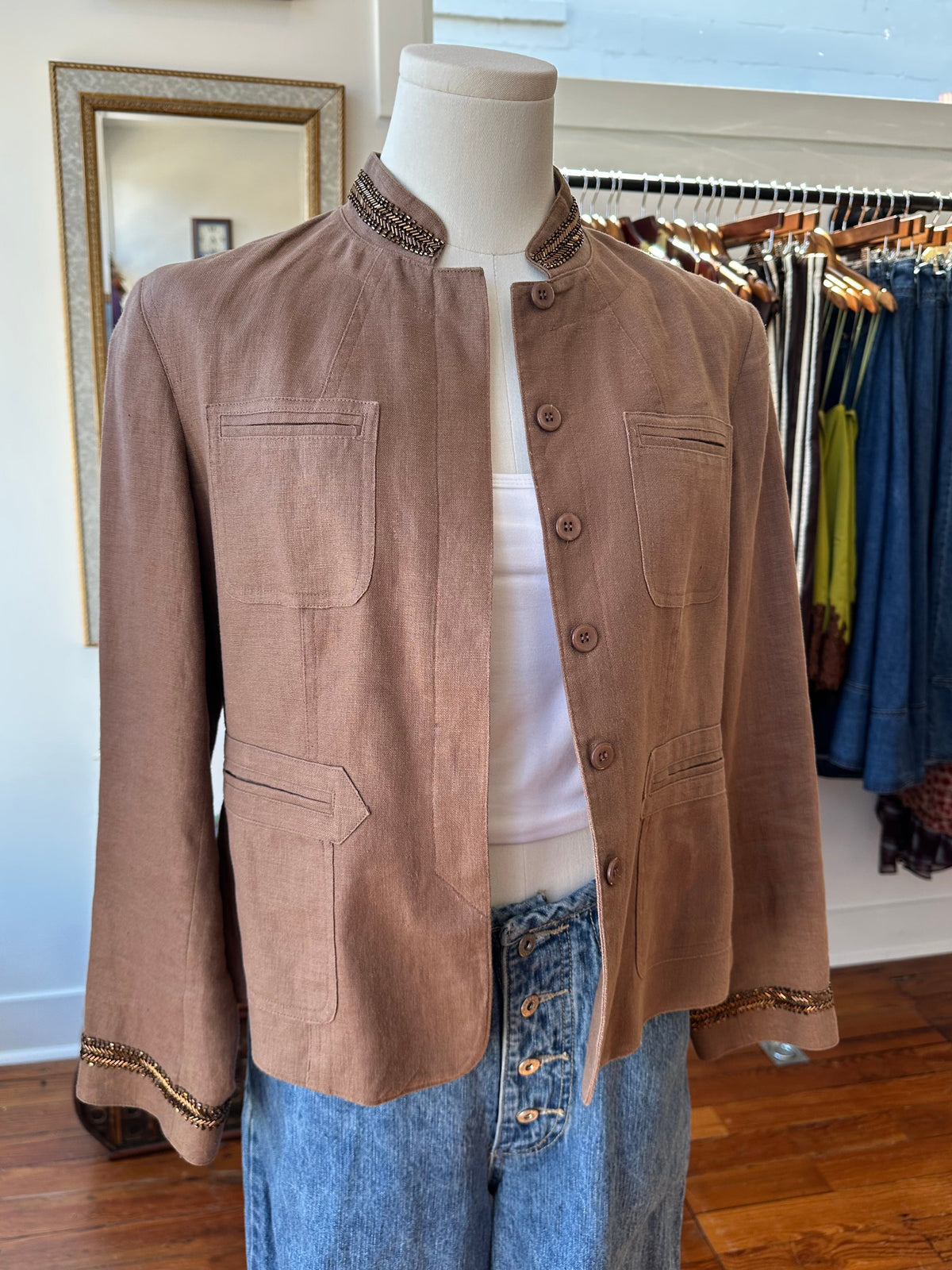 Y2K Jeweled Linen Military Jacket - 8