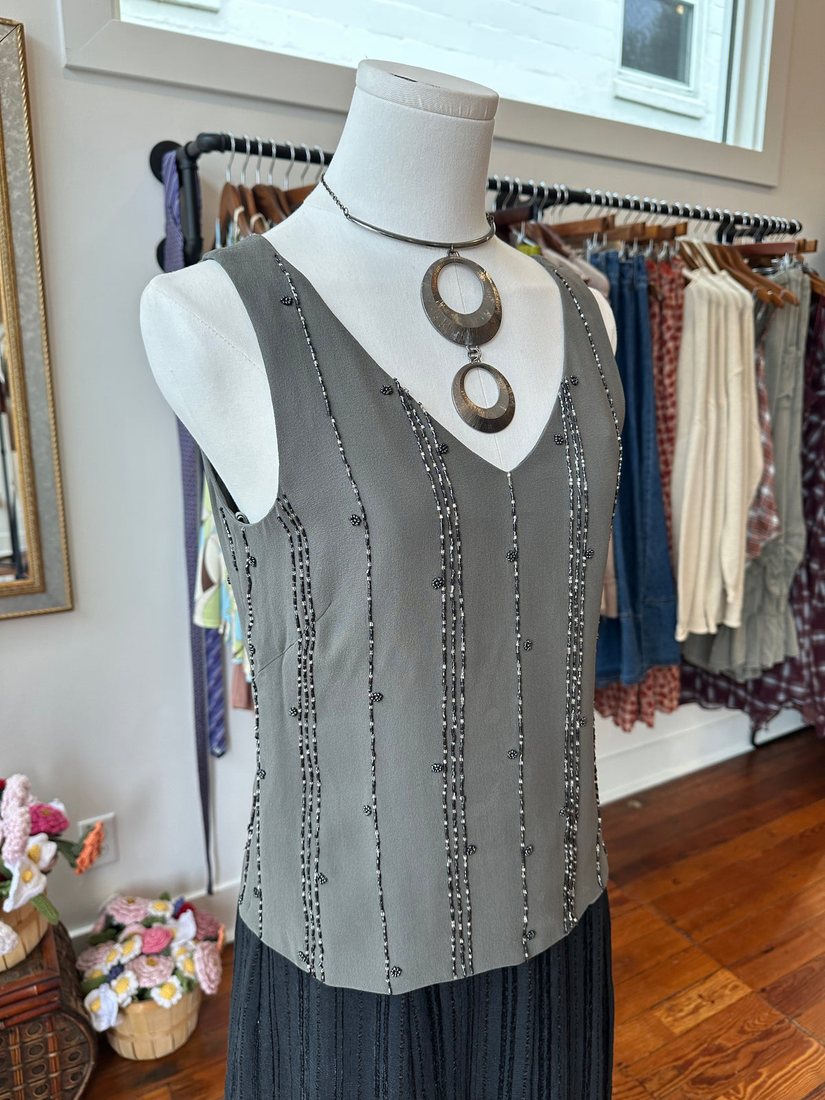 90's 100% Silk Beaded Tank - PETITE