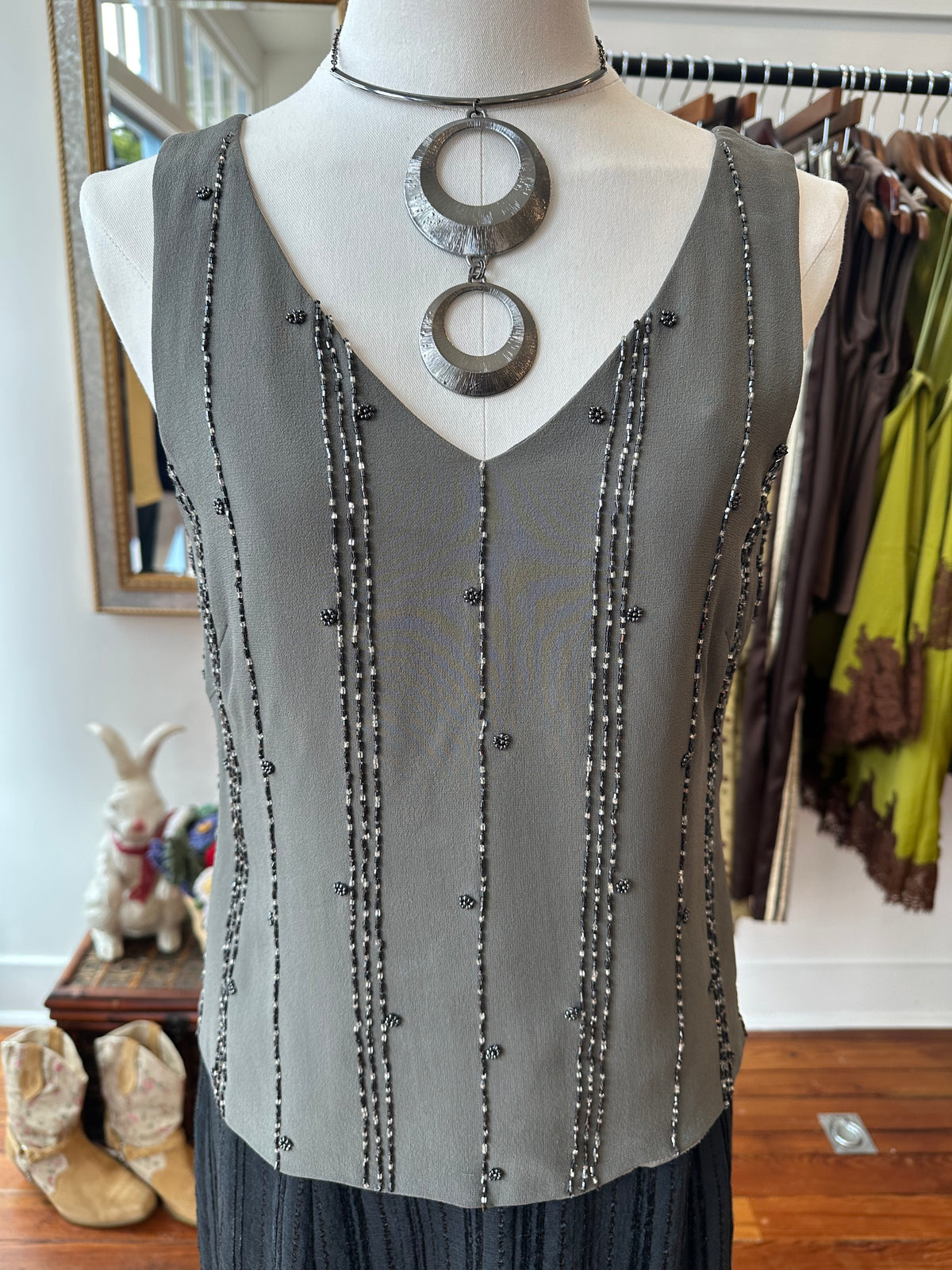 90's 100% Silk Beaded Tank - PETITE