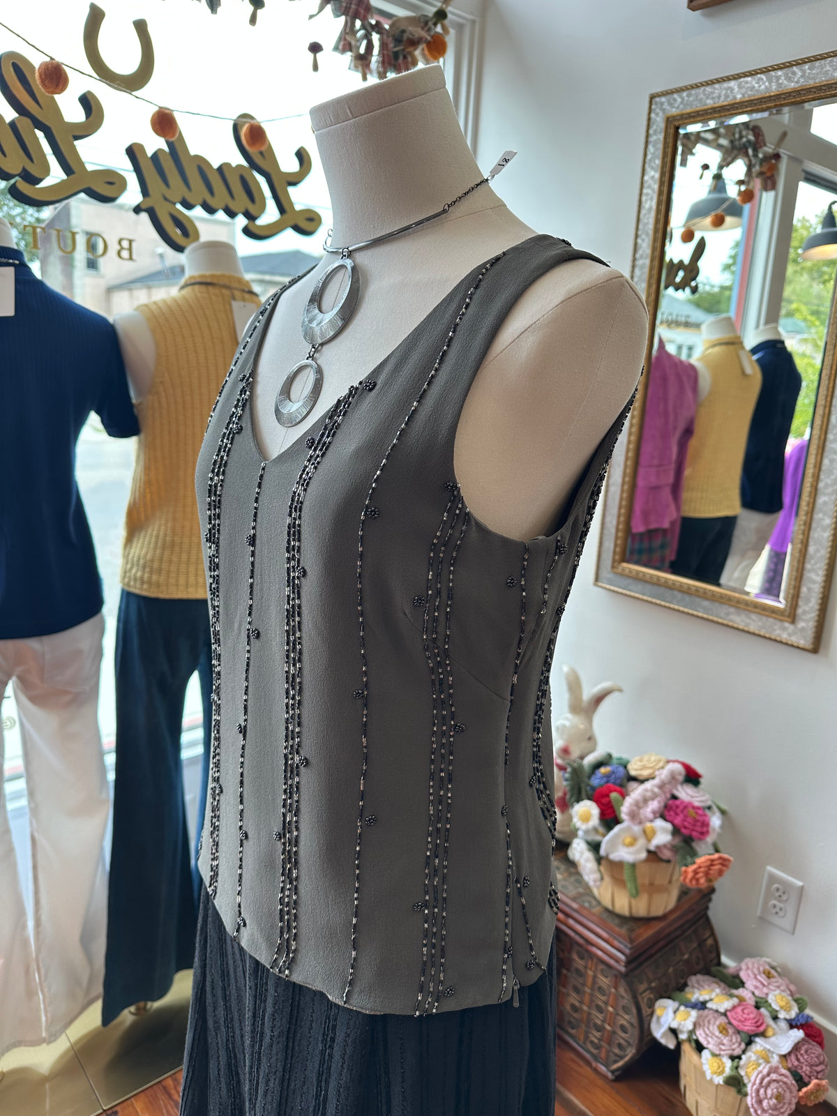 90's 100% Silk Beaded Tank - PETITE