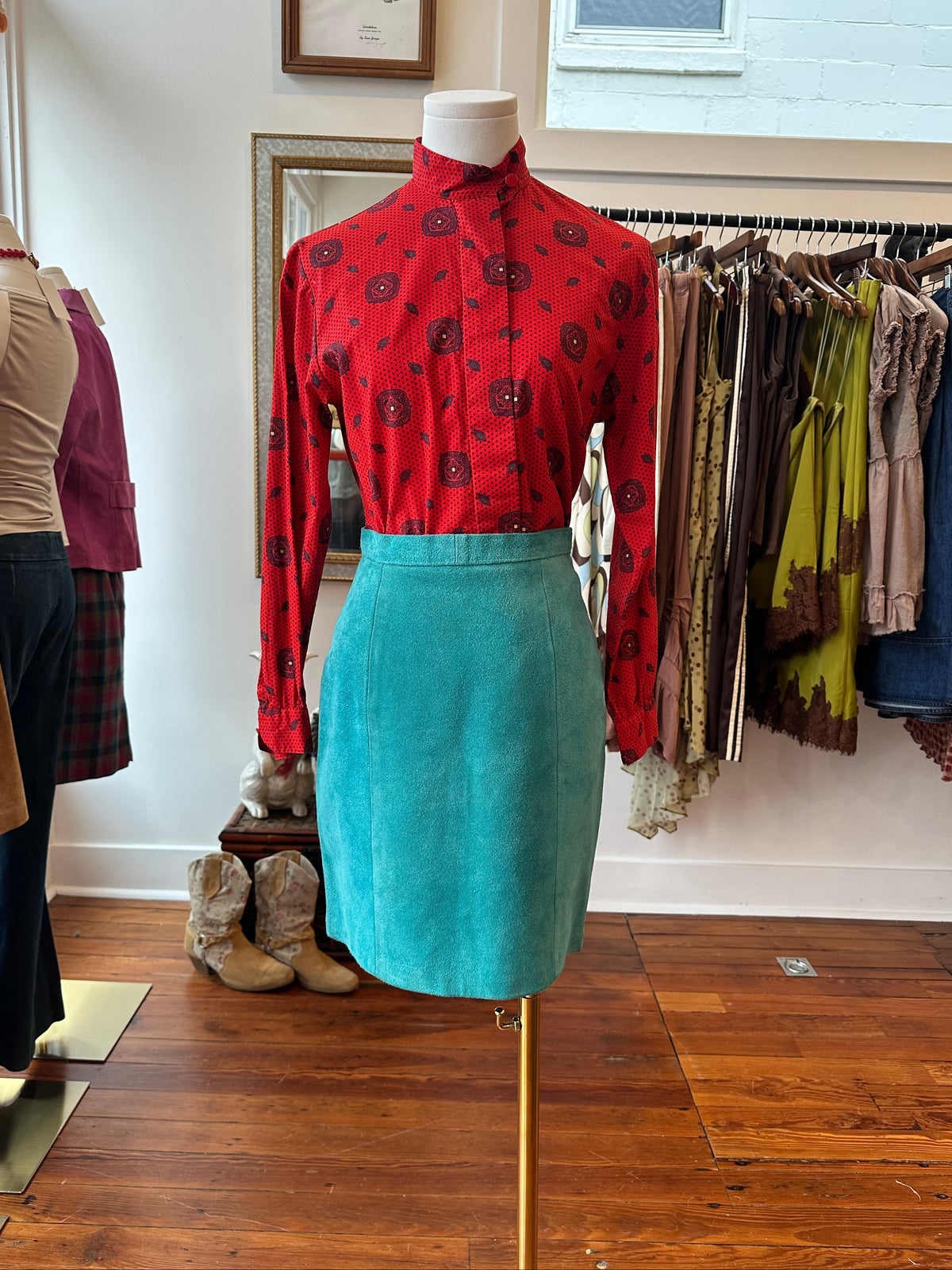 Vtg Teal Leather Skirt USA - XS/S