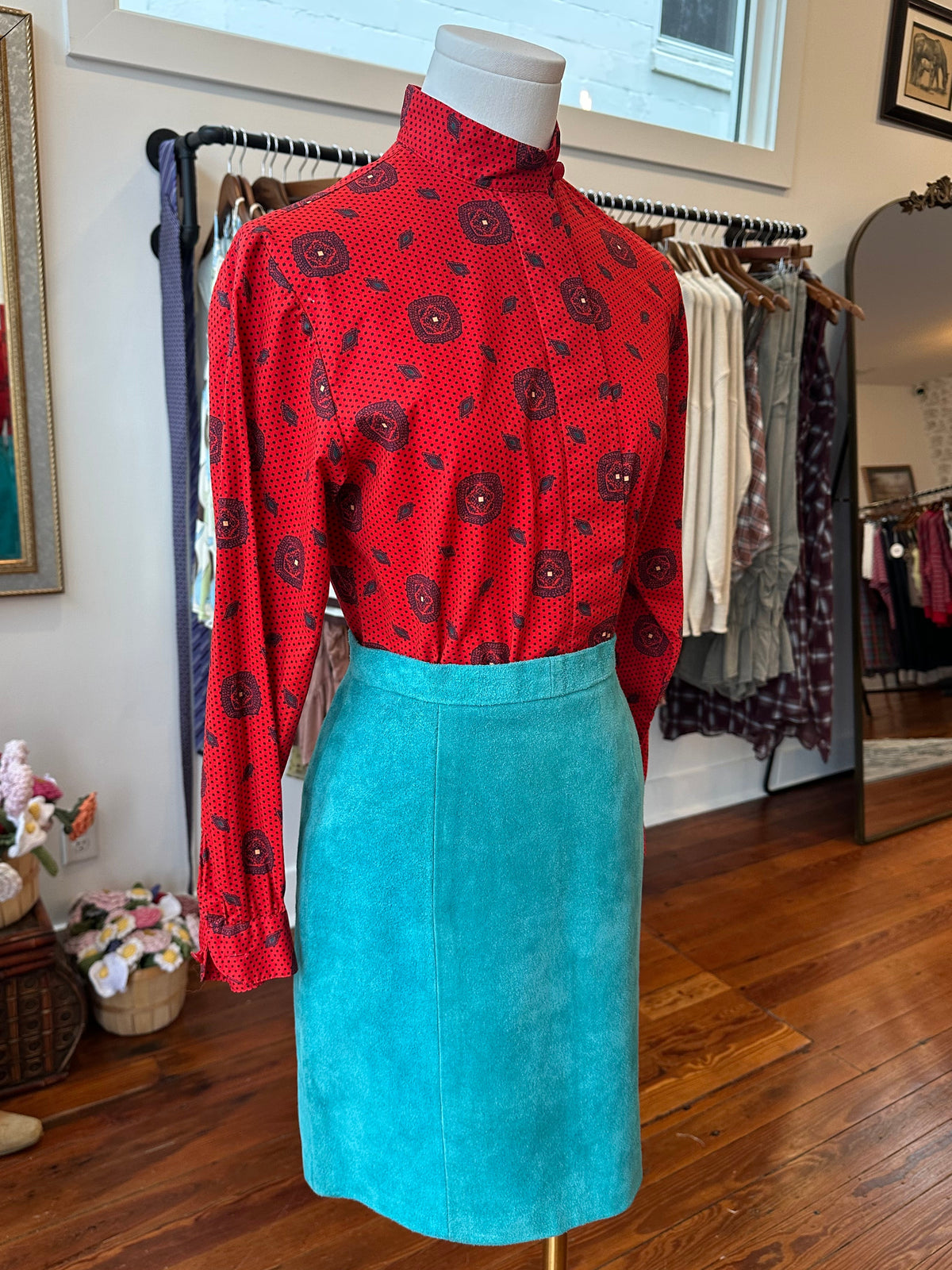 Vtg Teal Leather Skirt USA - XS/S
