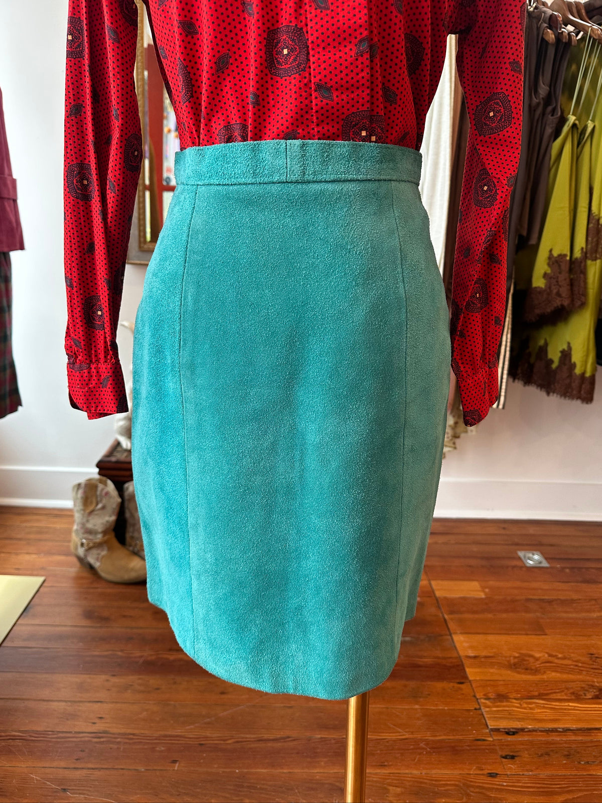 Vtg Teal Leather Skirt USA - XS/S