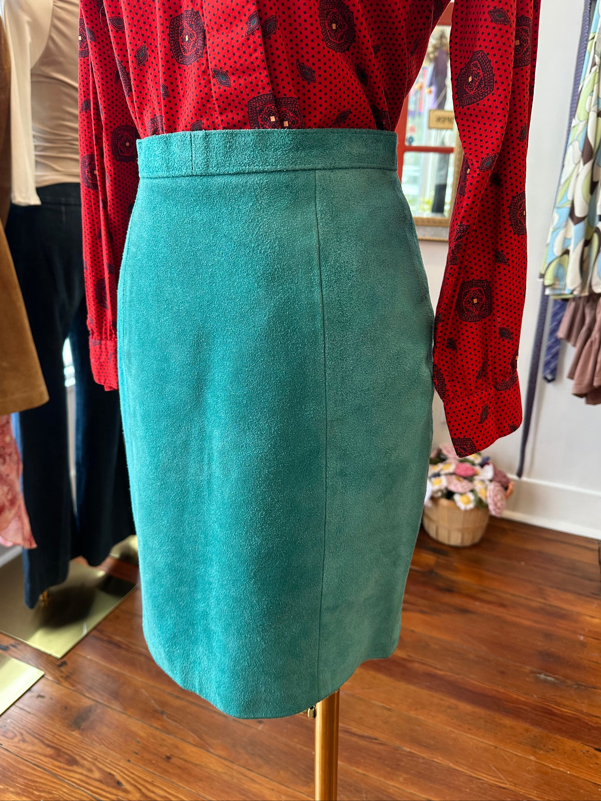 Vtg Teal Leather Skirt USA - XS/S