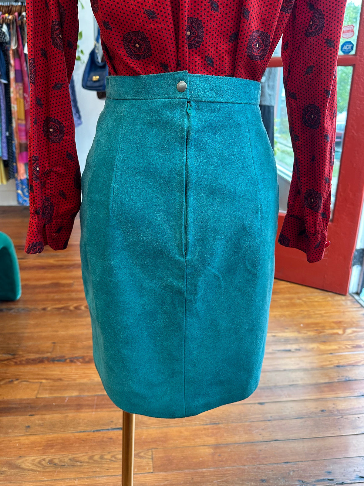 Vtg Teal Leather Skirt USA - XS/S