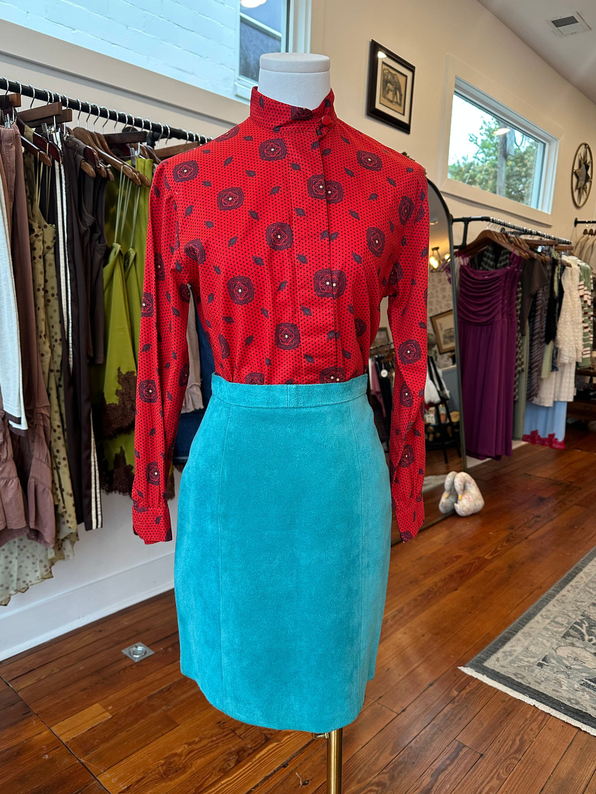 Vtg Teal Leather Skirt USA - XS/S