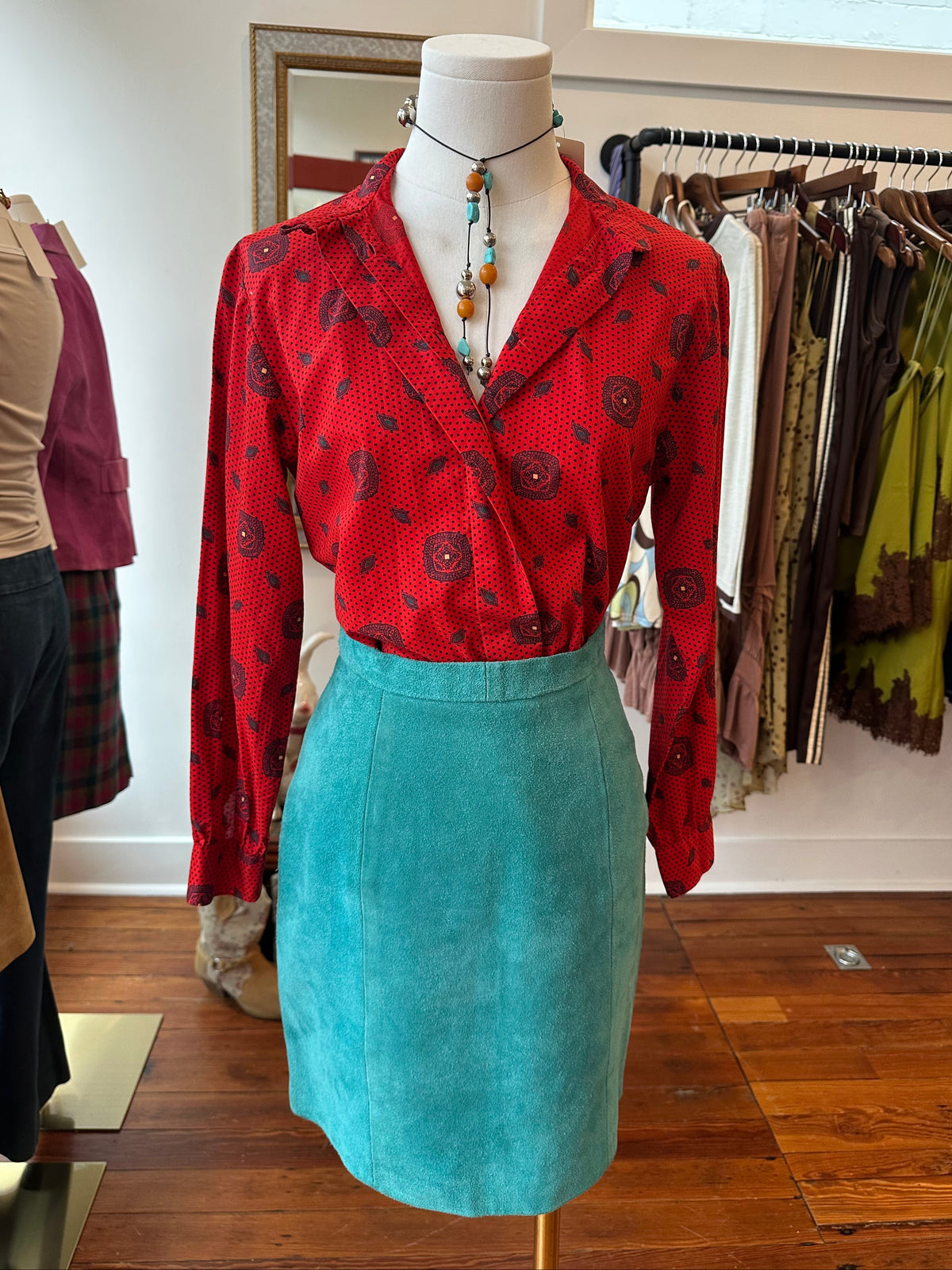 Vtg Teal Leather Skirt USA - XS/S
