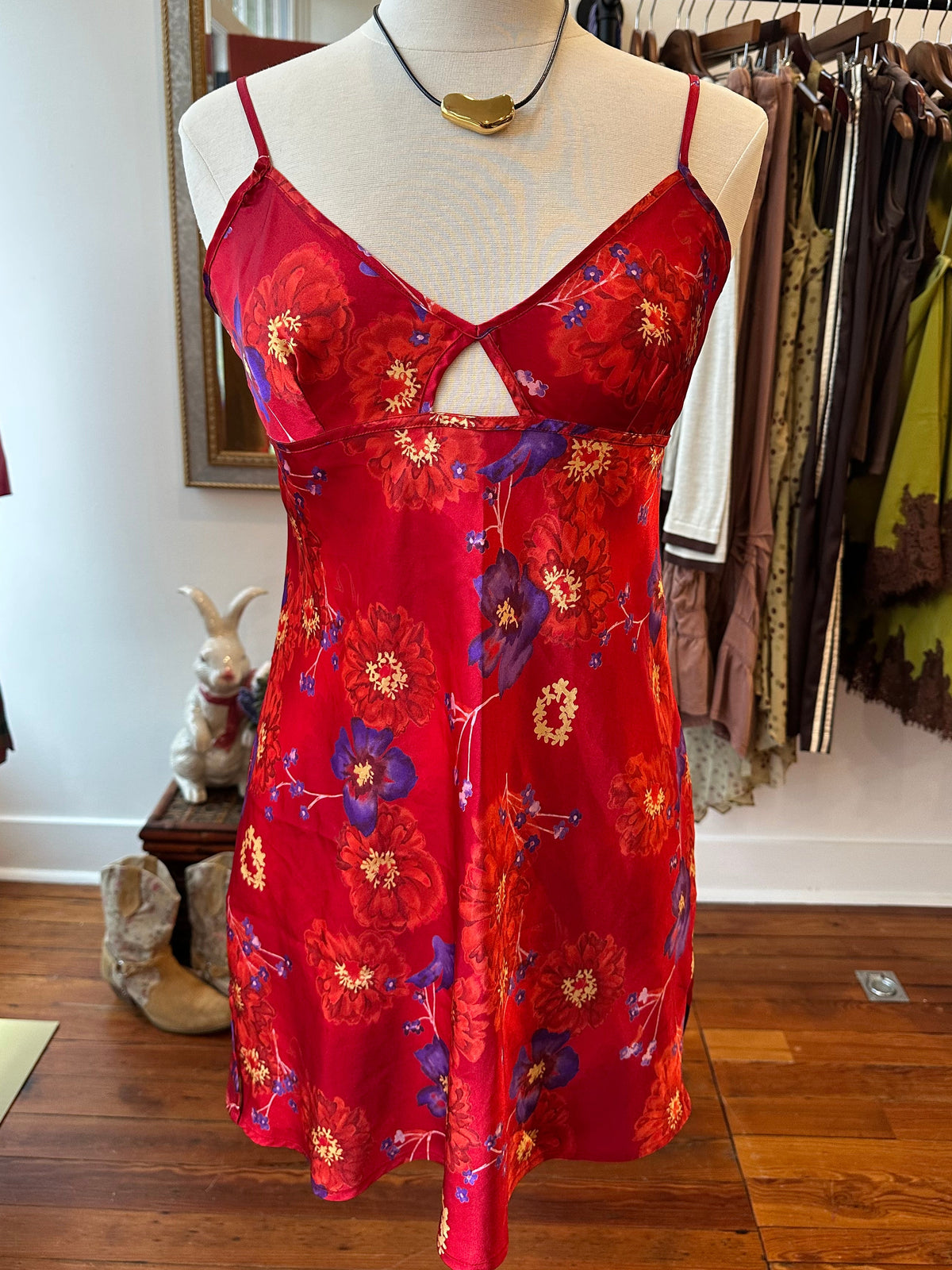 90's/Y2K Red Floral Slip Dress - SMALL