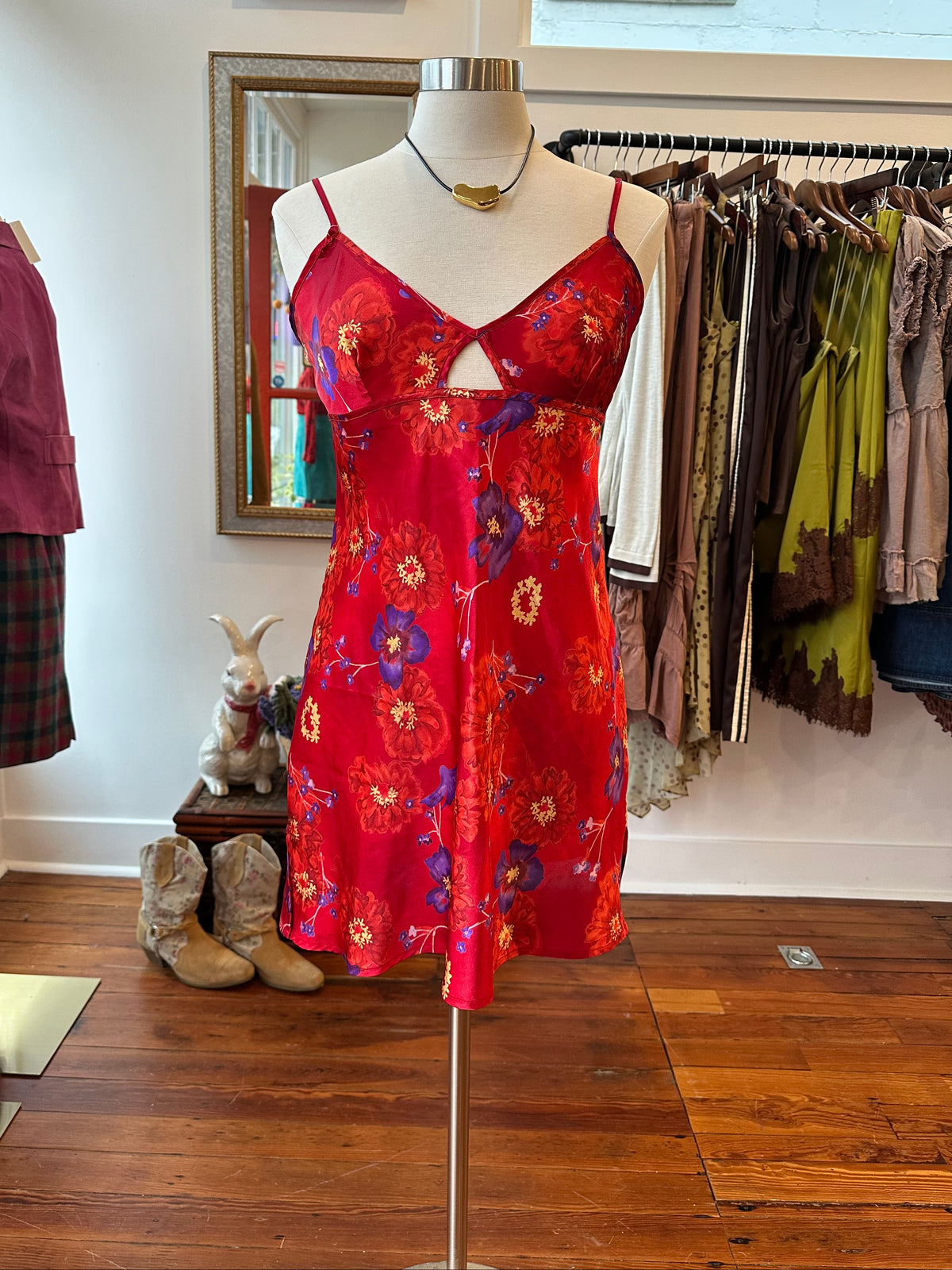90's/Y2K Red Floral Slip Dress - SMALL