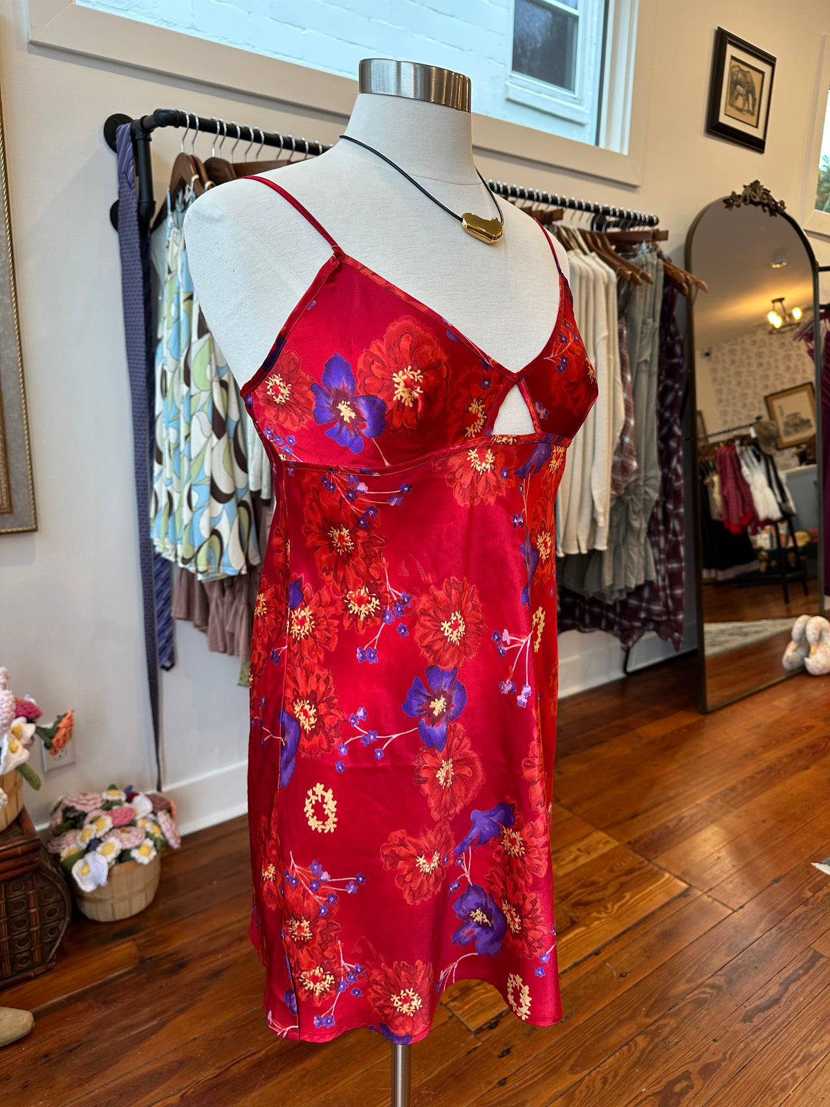 90's/Y2K Red Floral Slip Dress - SMALL