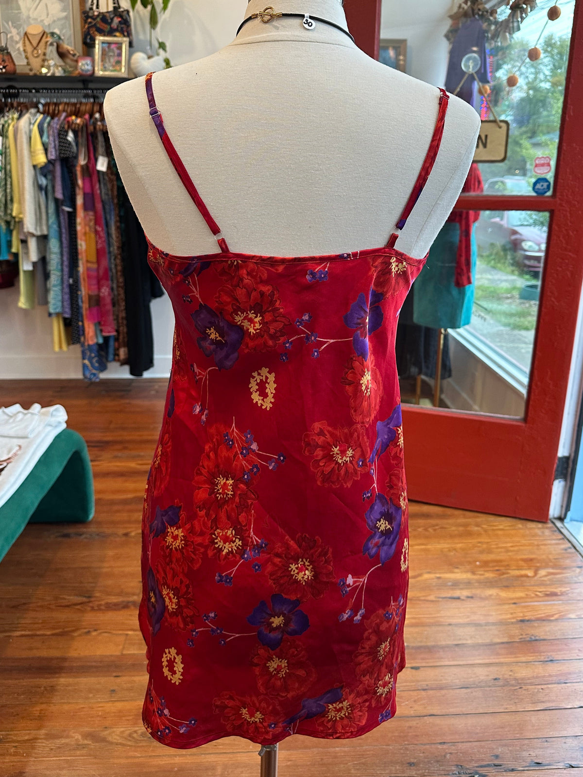 90's/Y2K Red Floral Slip Dress - SMALL