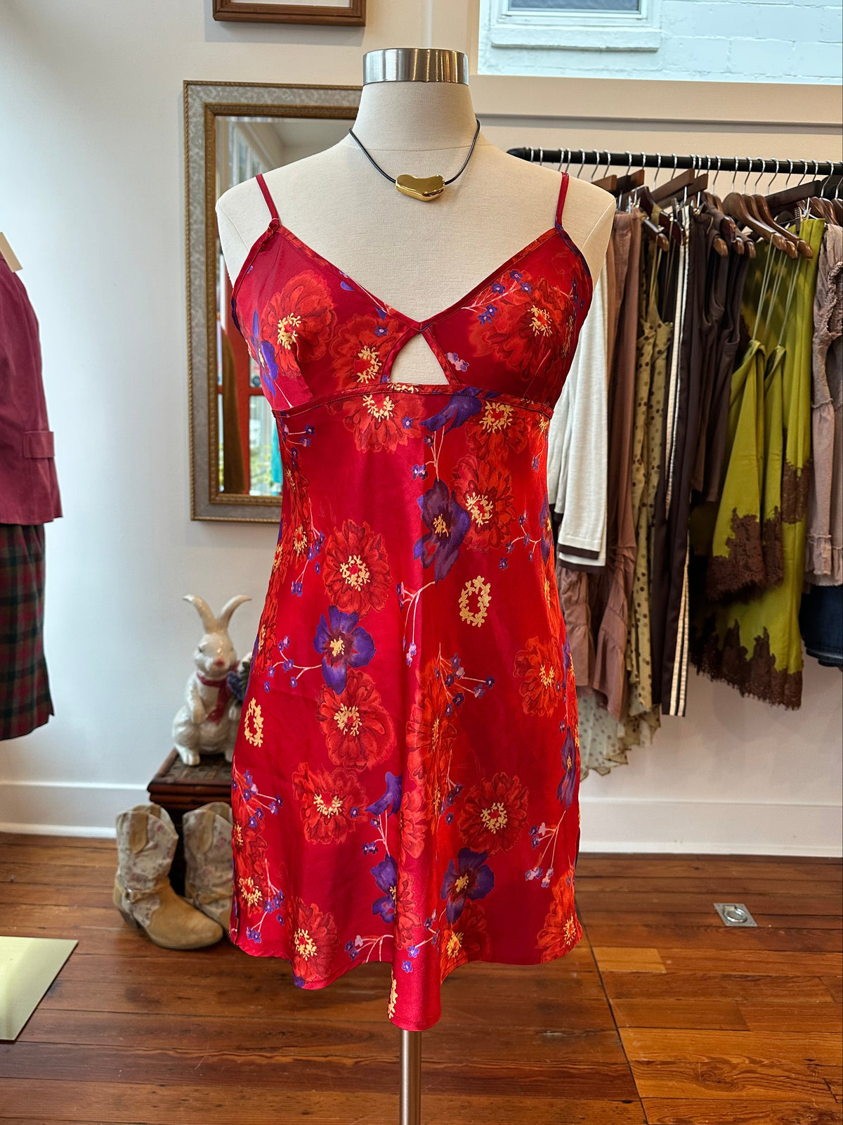 90's/Y2K Red Floral Slip Dress - SMALL