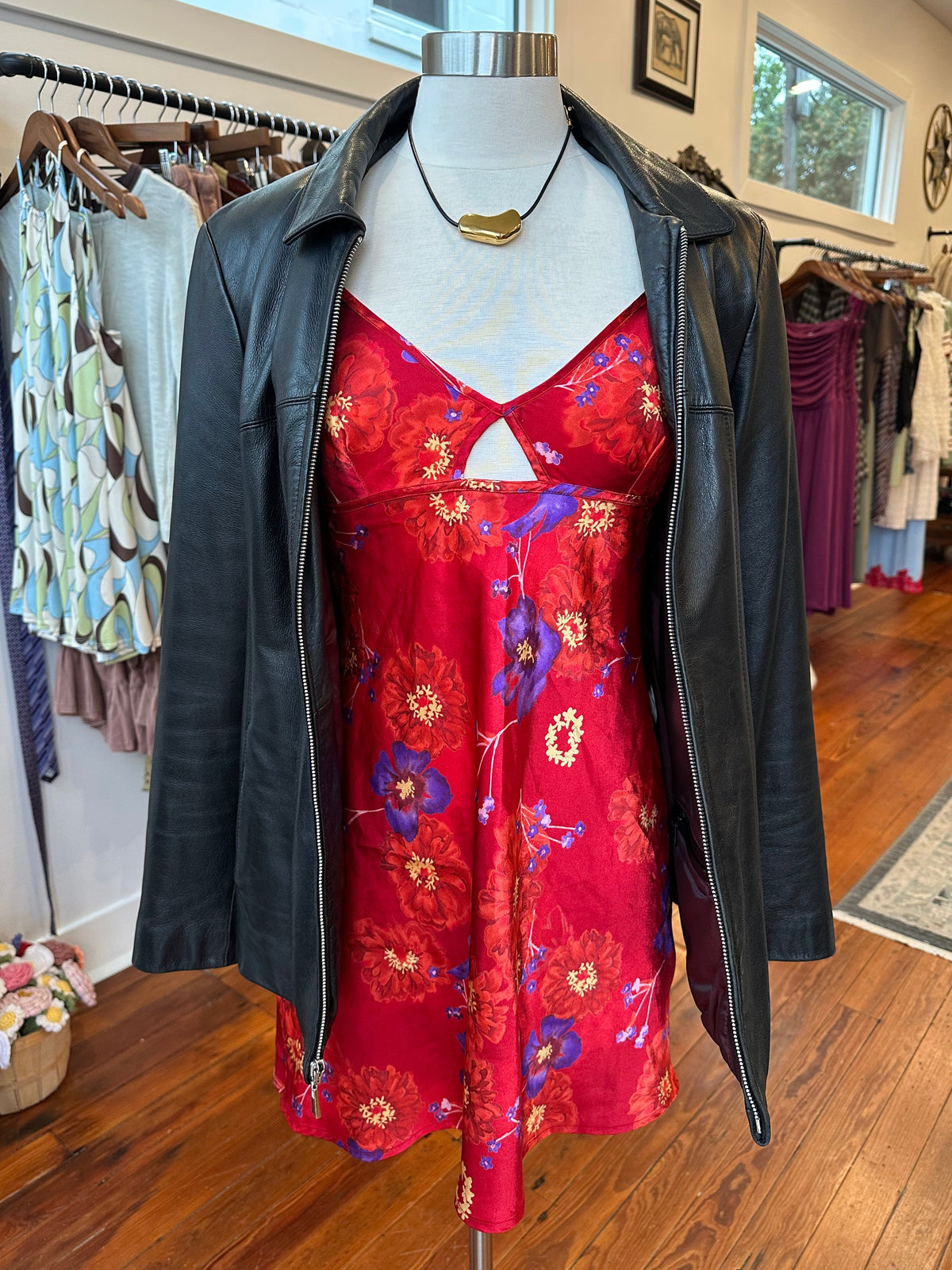 90's/Y2K Red Floral Slip Dress - SMALL