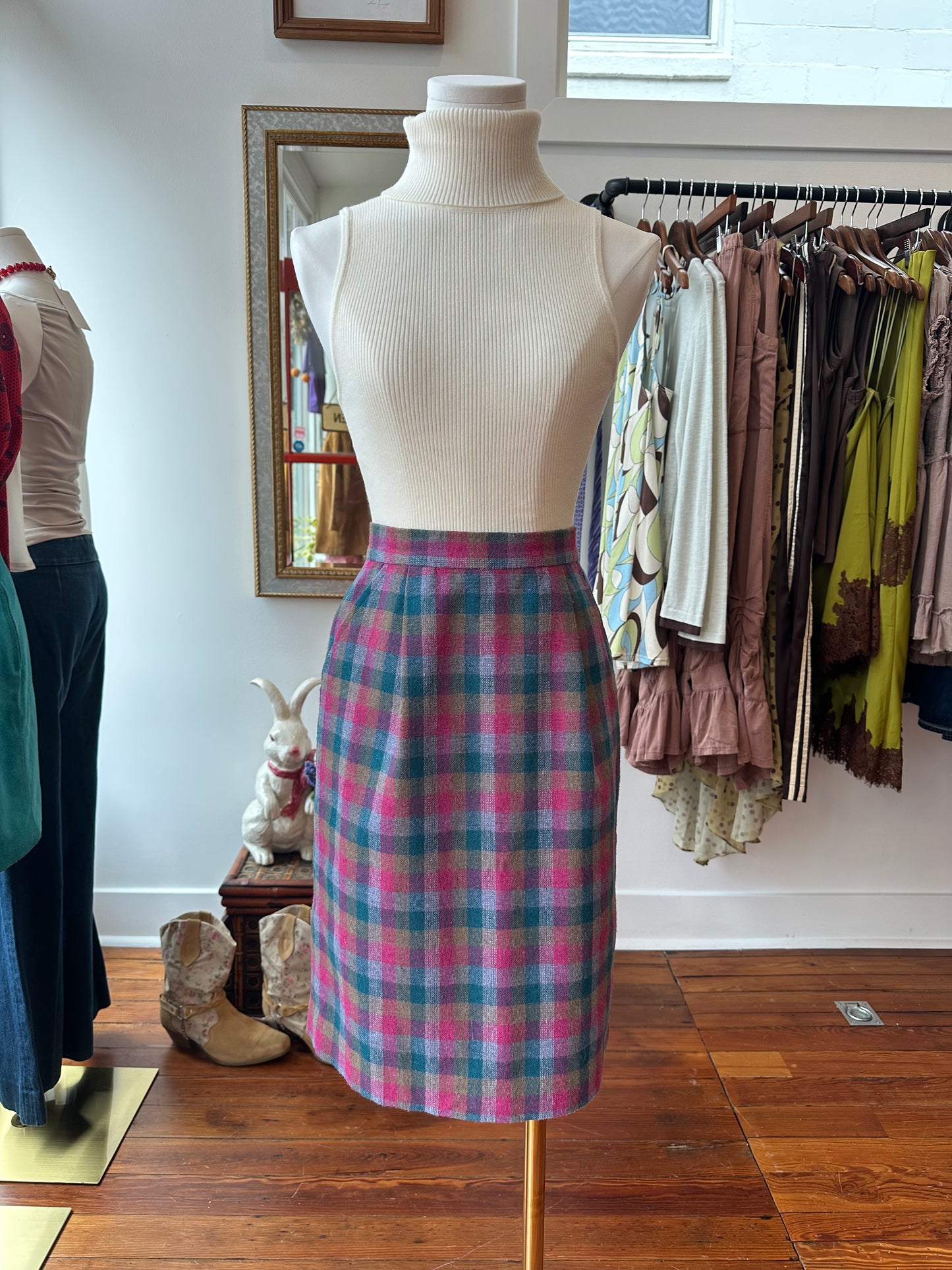 Vtg Handmade Wool Plaid Pencil Skirt - XS