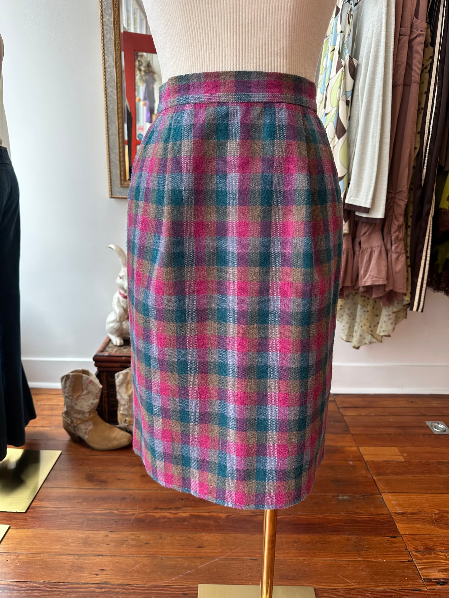Vtg Handmade Wool Plaid Pencil Skirt - XS