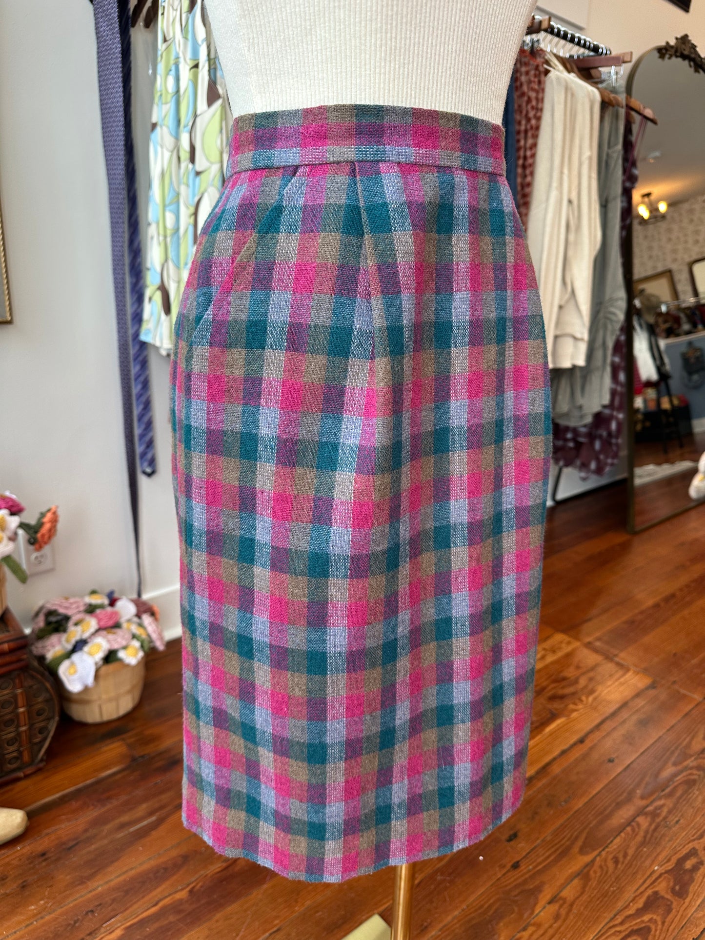 Vtg Handmade Wool Plaid Pencil Skirt - XS