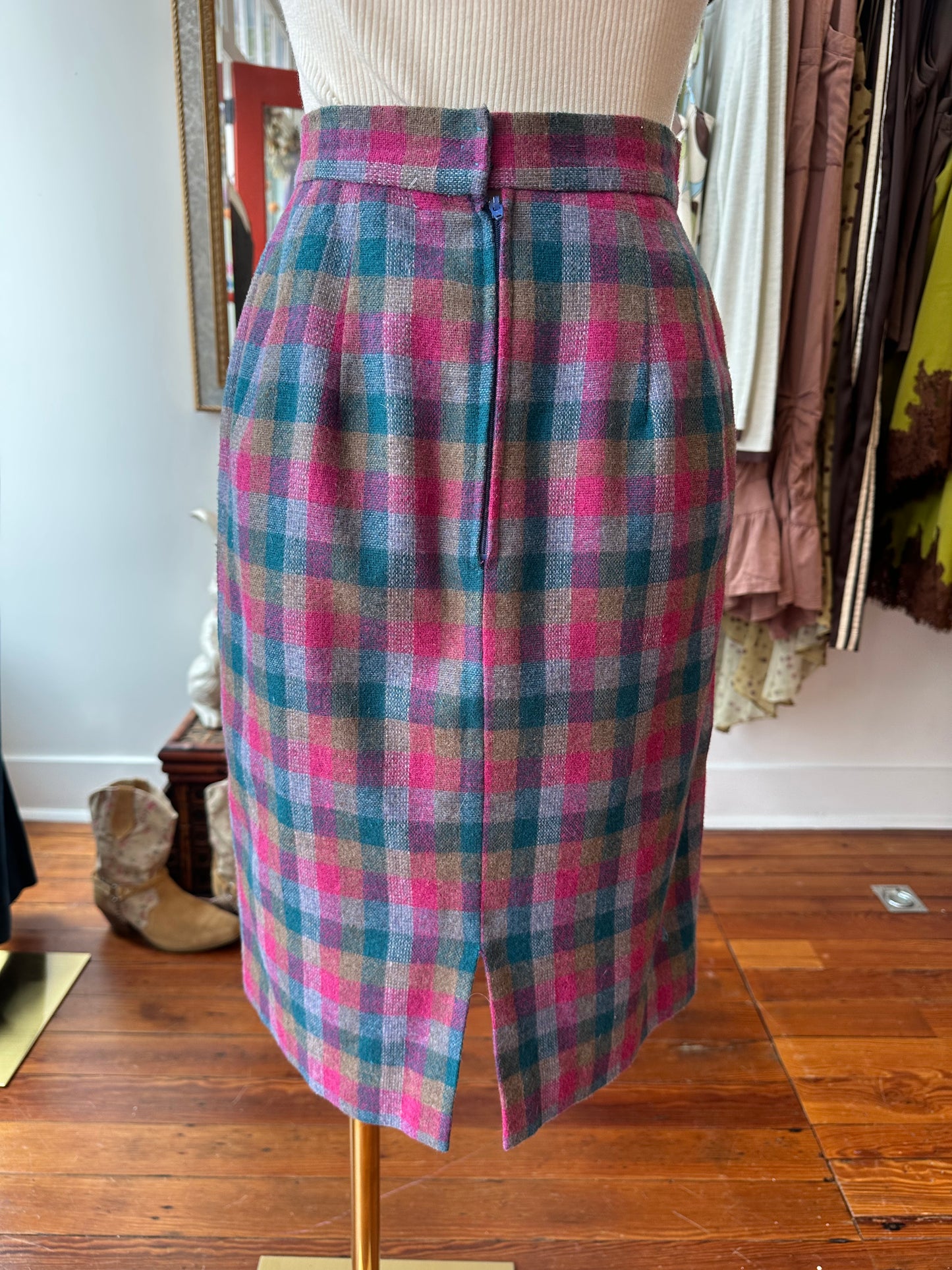 Vtg Handmade Wool Plaid Pencil Skirt - XS