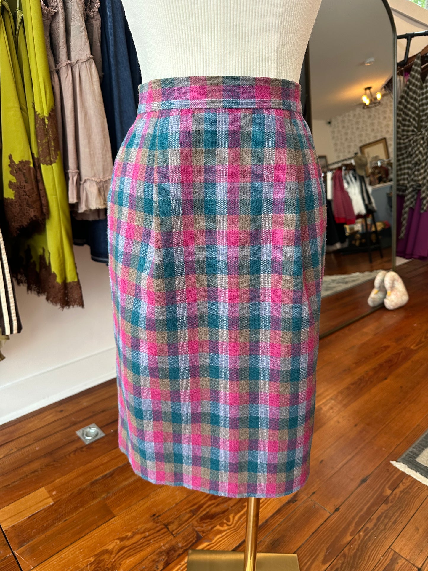 Vtg Handmade Wool Plaid Pencil Skirt - XS