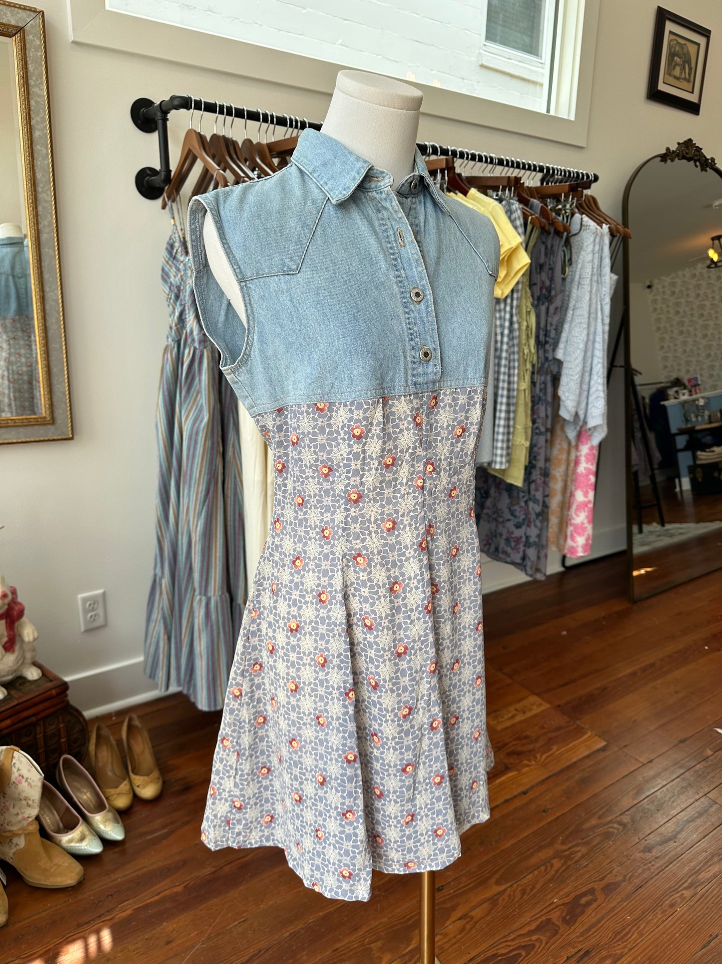 90's Jean & Chiffon Mini Dress - SMALL