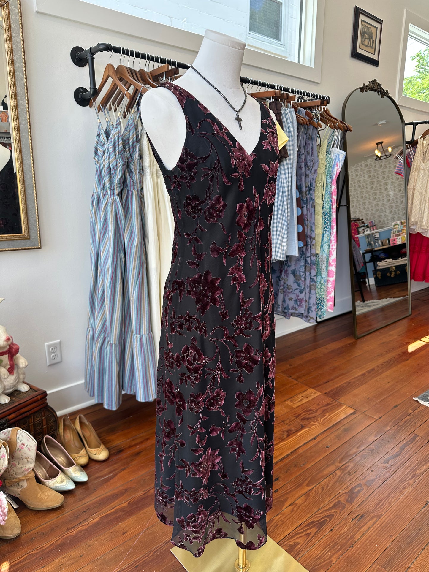 90's Burnout Velvet Midi Dress - Size 6