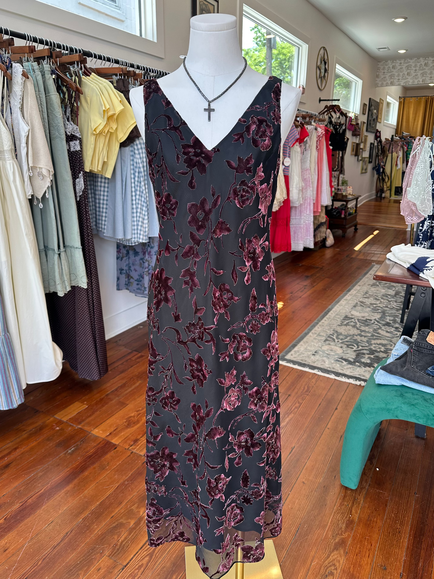 90's Burnout Velvet Midi Dress - Size 6