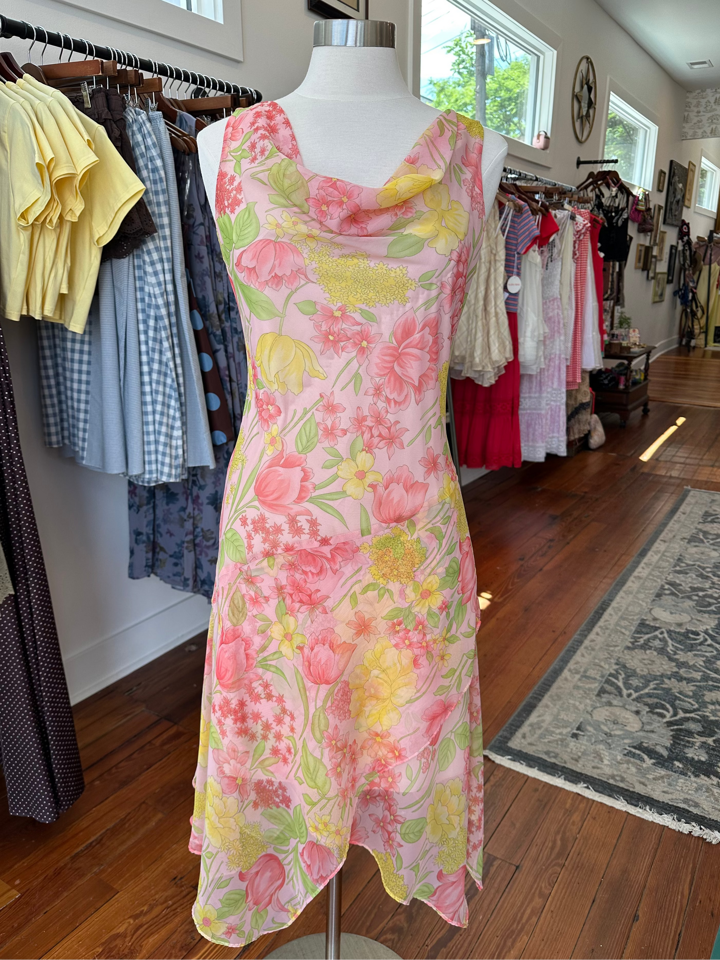 90's Pink/Yellow Midi Dress - Size 9/10