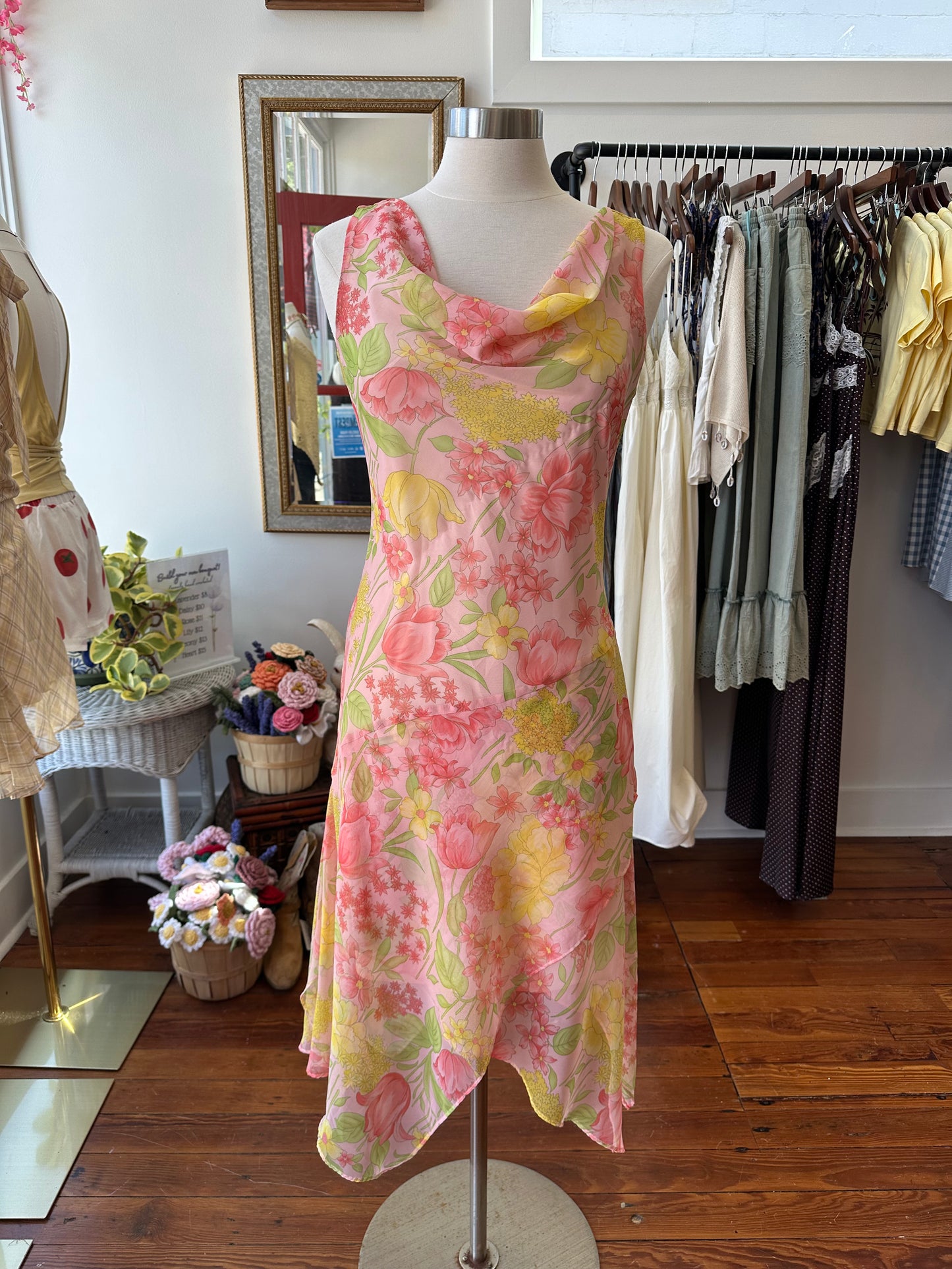 90's Pink/Yellow Midi Dress - Size 9/10