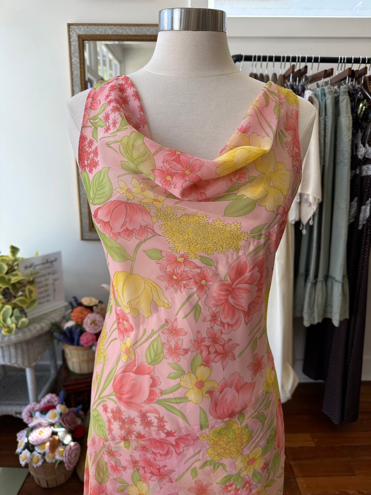 90's Pink/Yellow Midi Dress - Size 9/10