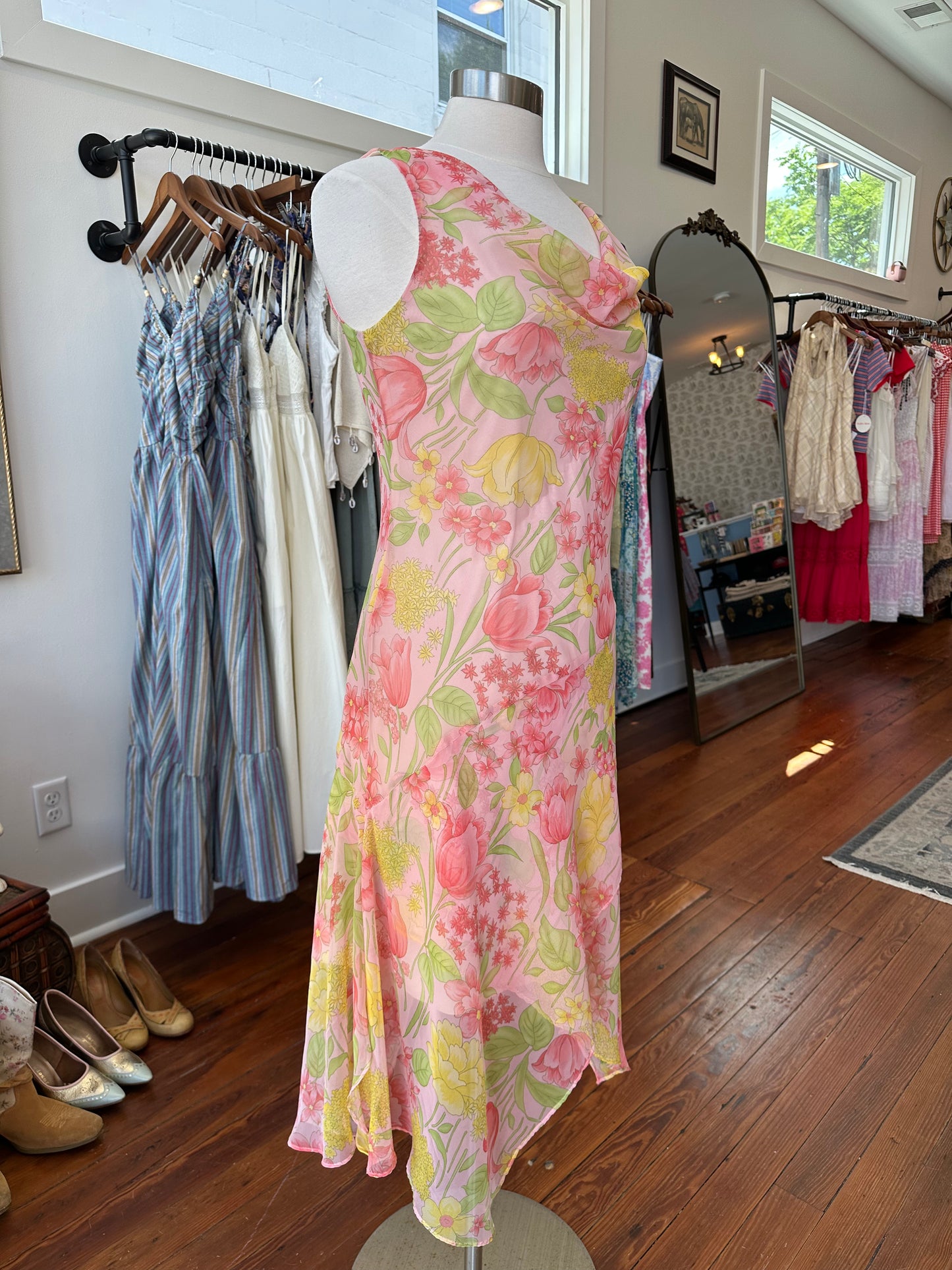 90's Pink/Yellow Midi Dress - Size 9/10